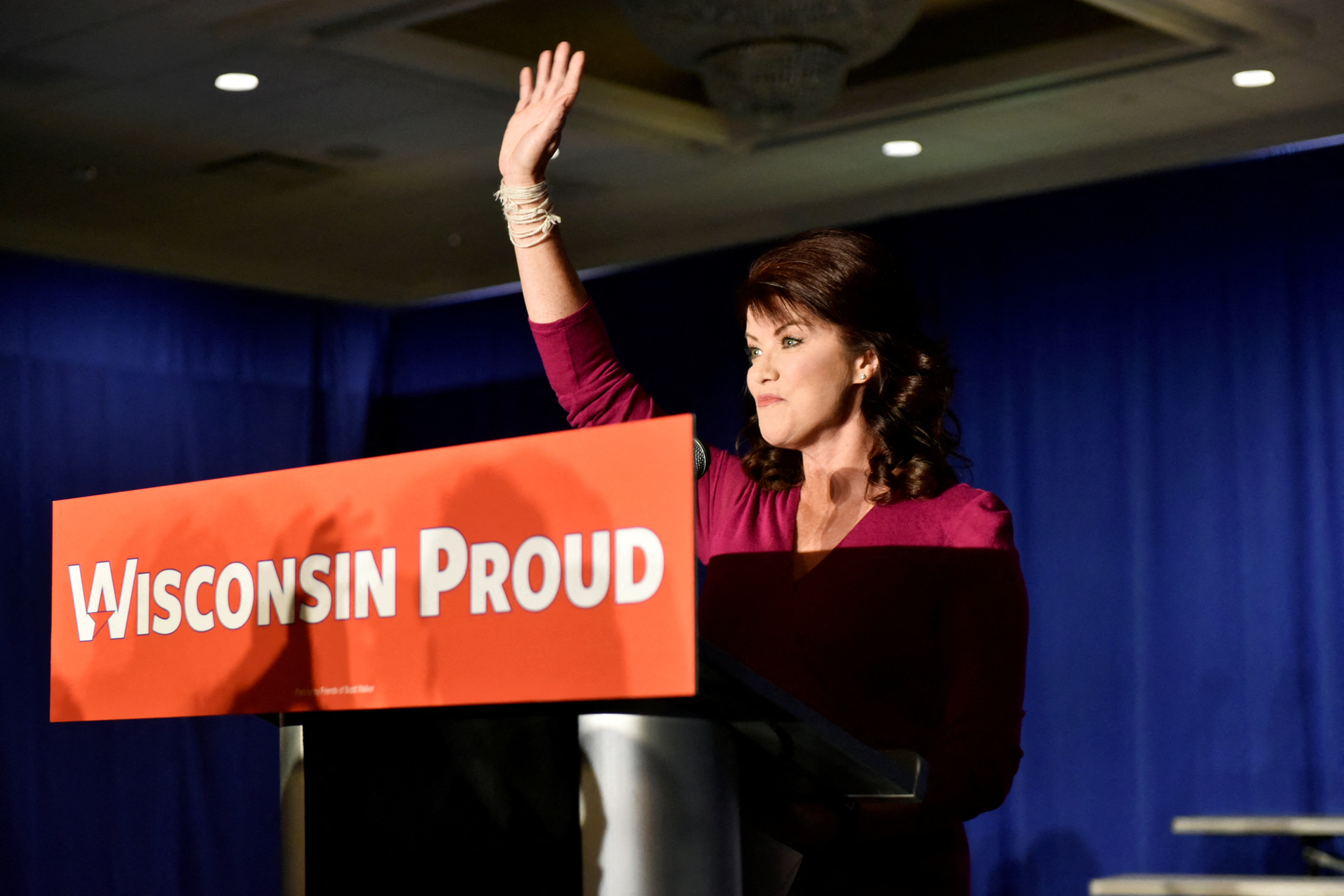 Lieutenant Governor Rebecca Kleefisch waves to supporters after announcing that Republican Governor Scott Walker's campaign is going to seek a recount in the race for the governor of Wisconsin at a mid-term election night party in Pewaukee, Wis
