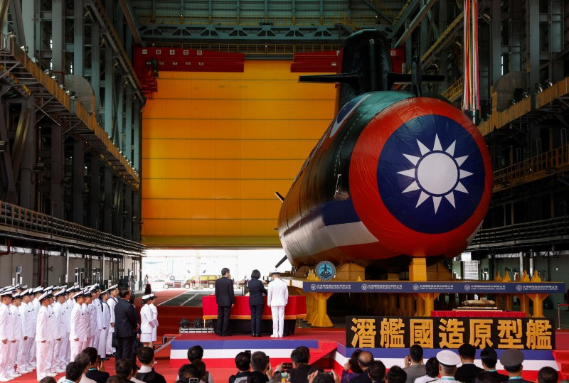 Launching ceremony of Taiwan's first domestically built submarine, in Kaohsiung