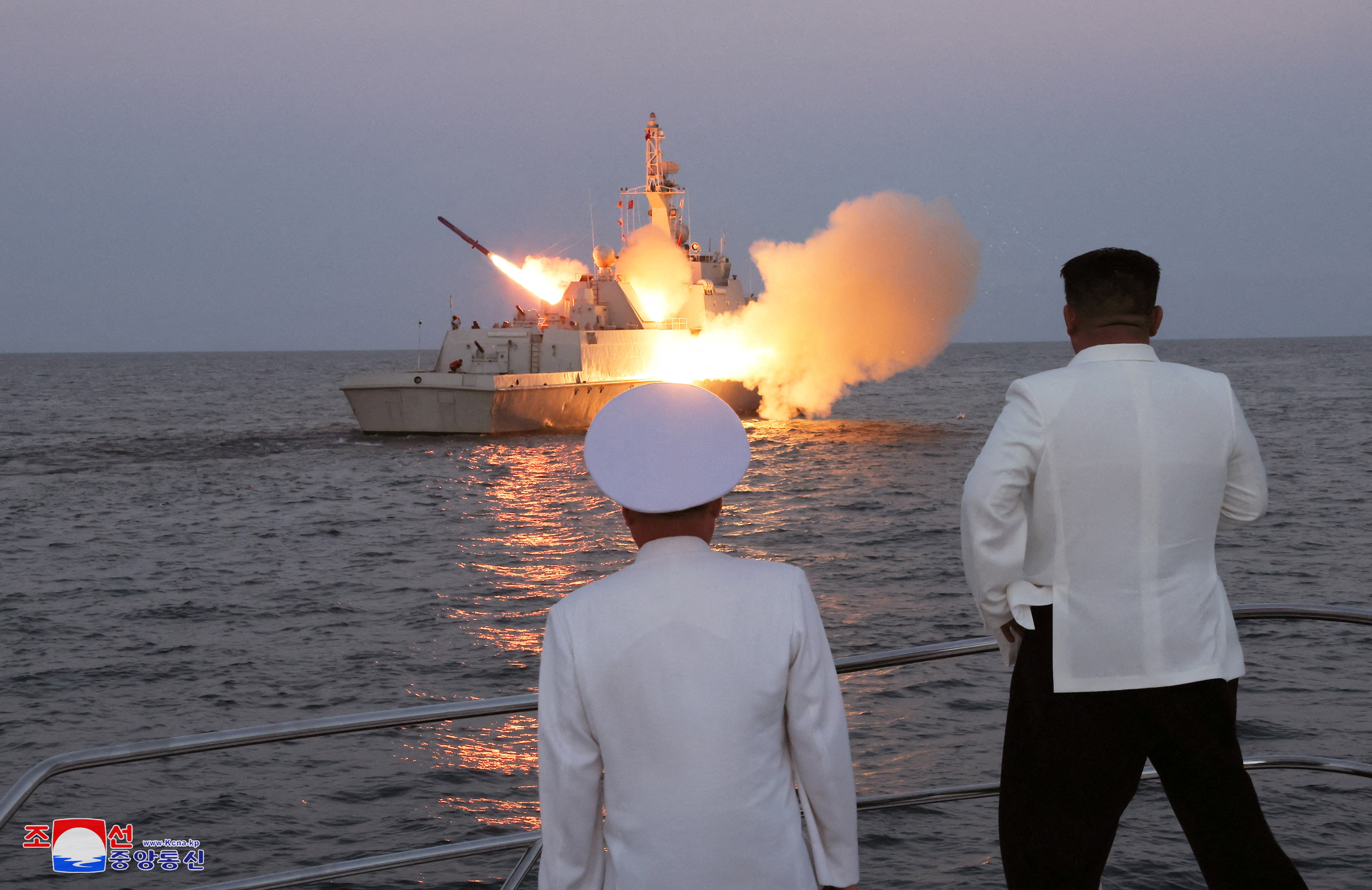 North Korean leader Kim Jong Un oversees a strategic cruise missile test aboard a navy warship