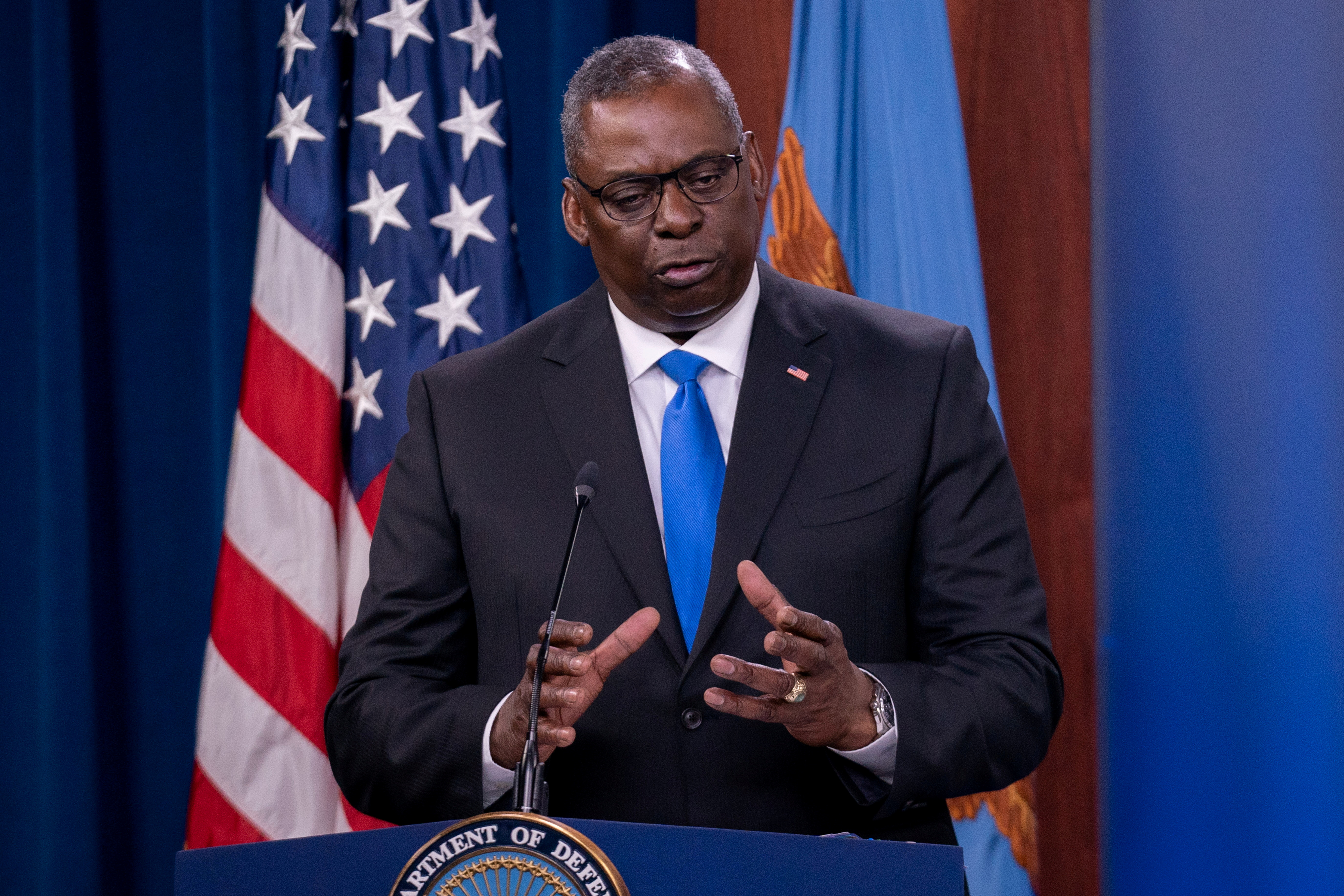 U.S. Defense Secretary Lloyd Austin answers reporters questions at the Pentagon as the U.S. military nears the formal end of its mission in Afghanistan in Arlington, Virginia, U.S. July 21, 2021. REUTERS/Ken Cedeno