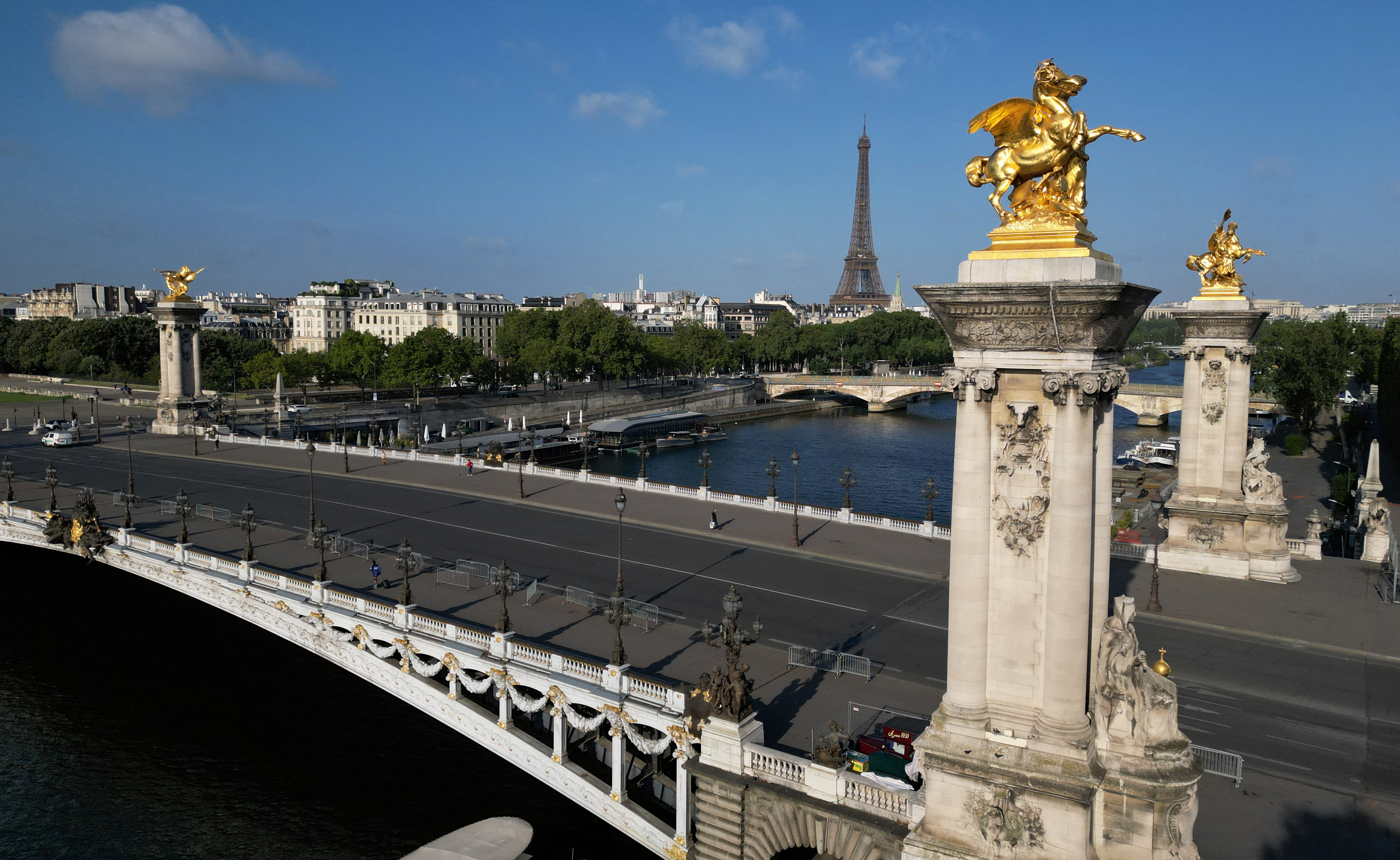 An aerial view shows the Pont Alexandre III Bridge in Paris