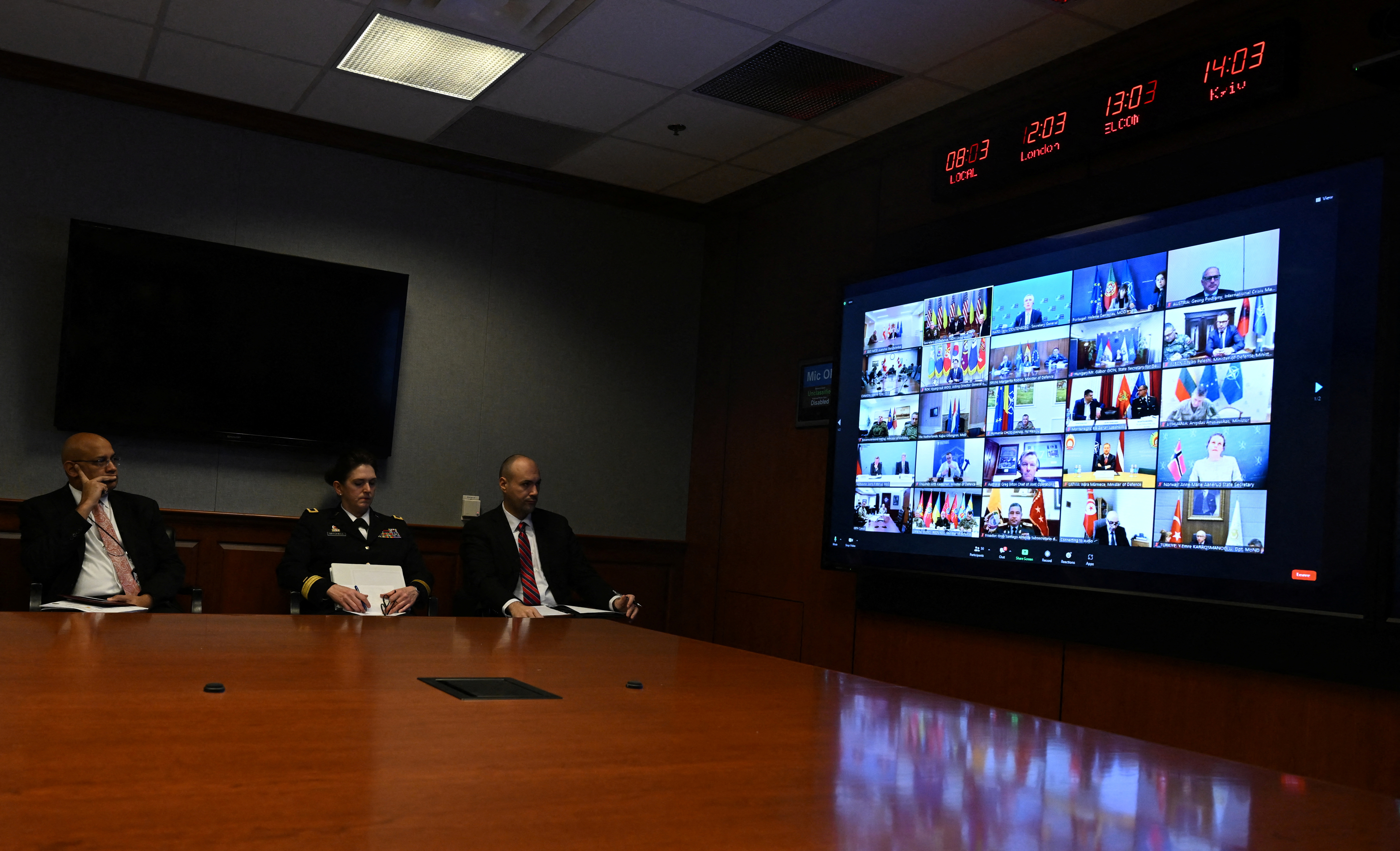 U.S. officials attend a virtual meeting with Ukraine Defense Contact Group, in Washington