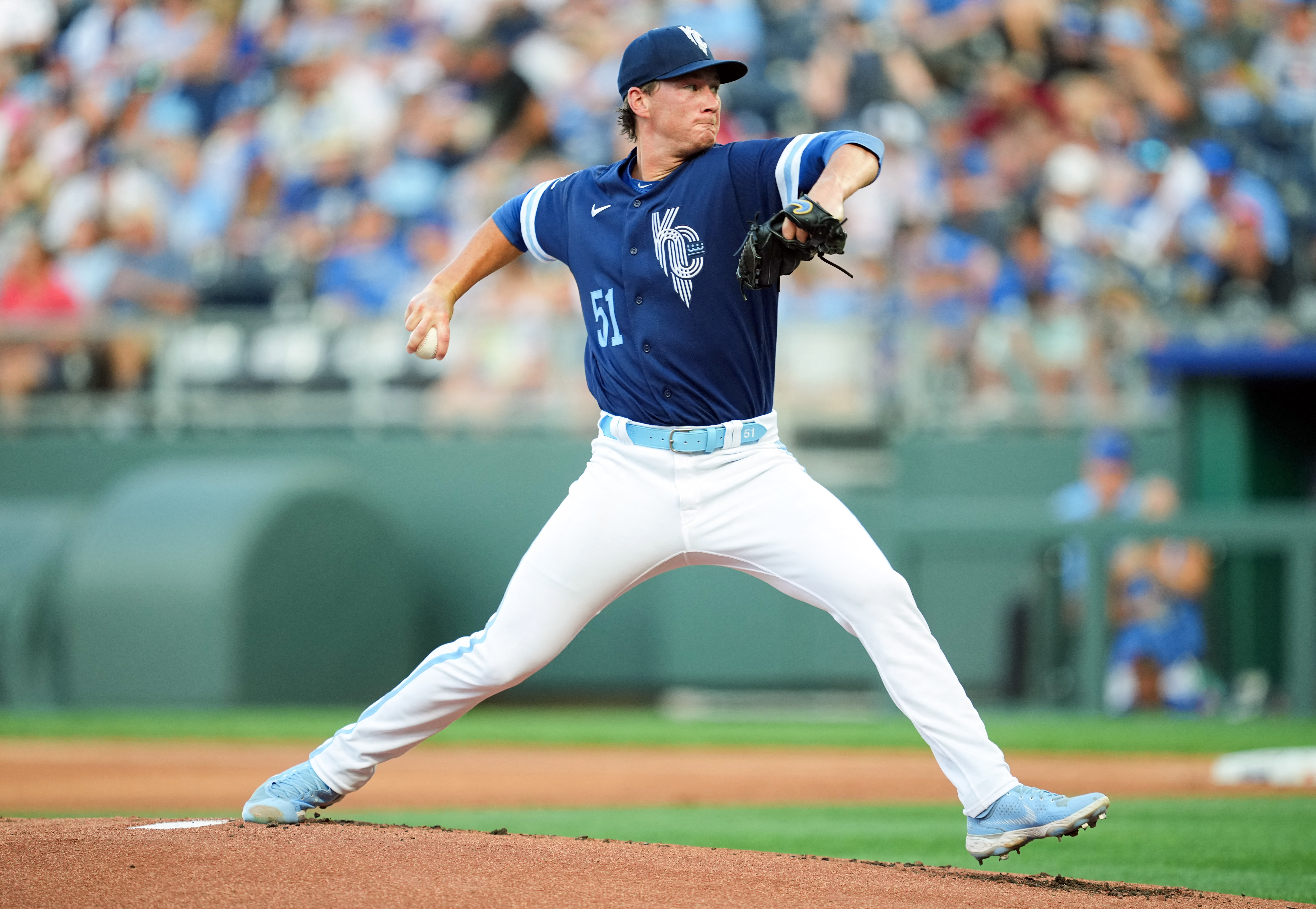 Kansas City, United States. 30th Mar, 2023. Kansas City Royals shortstop  Bobby Witt Jr. (7) avoids getting hit by a Minnesota Twins pitch during the  first inning on the Opening Day at