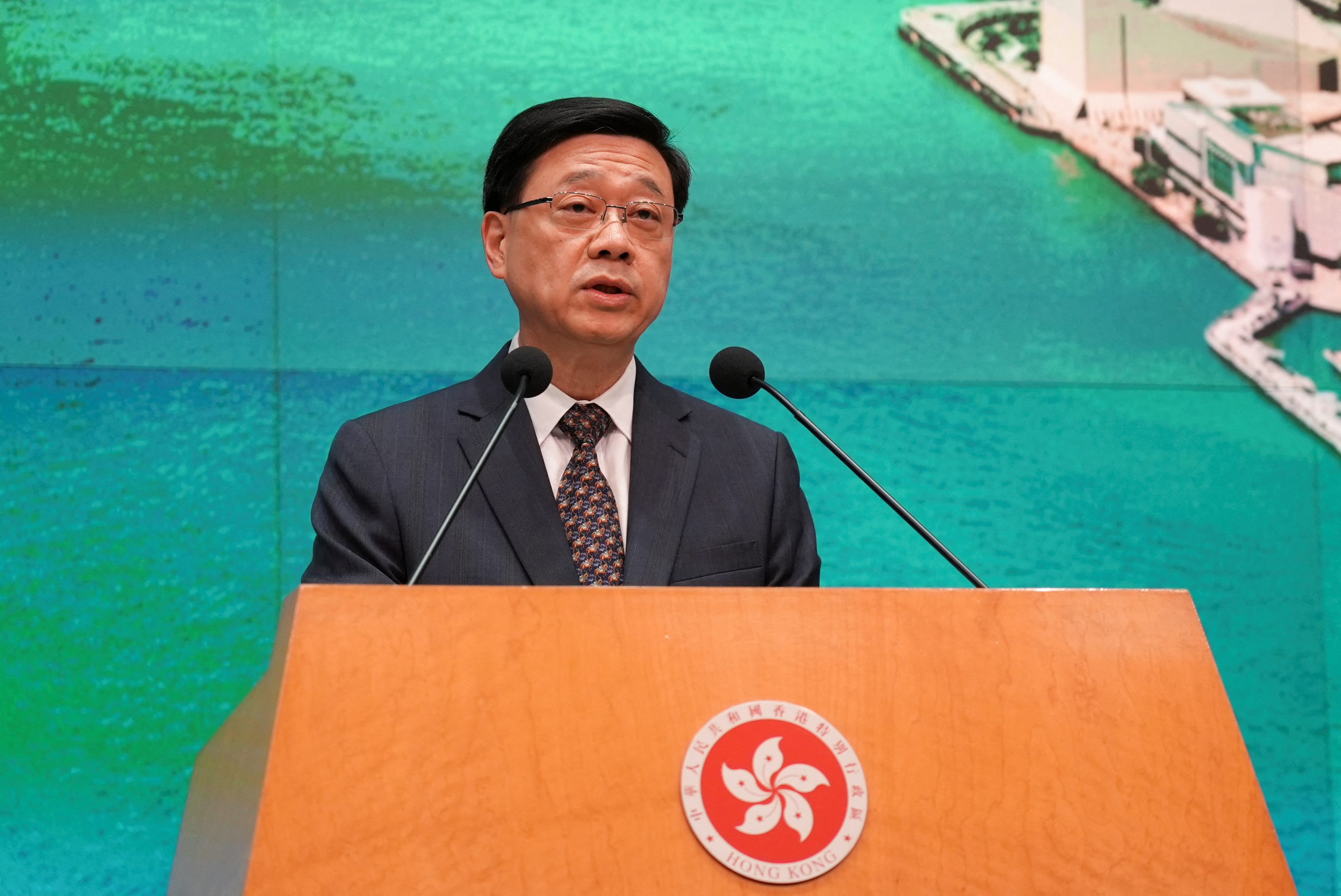Hong Kong Chief Executive John Lee speaks during a press conference, in Hong Kong