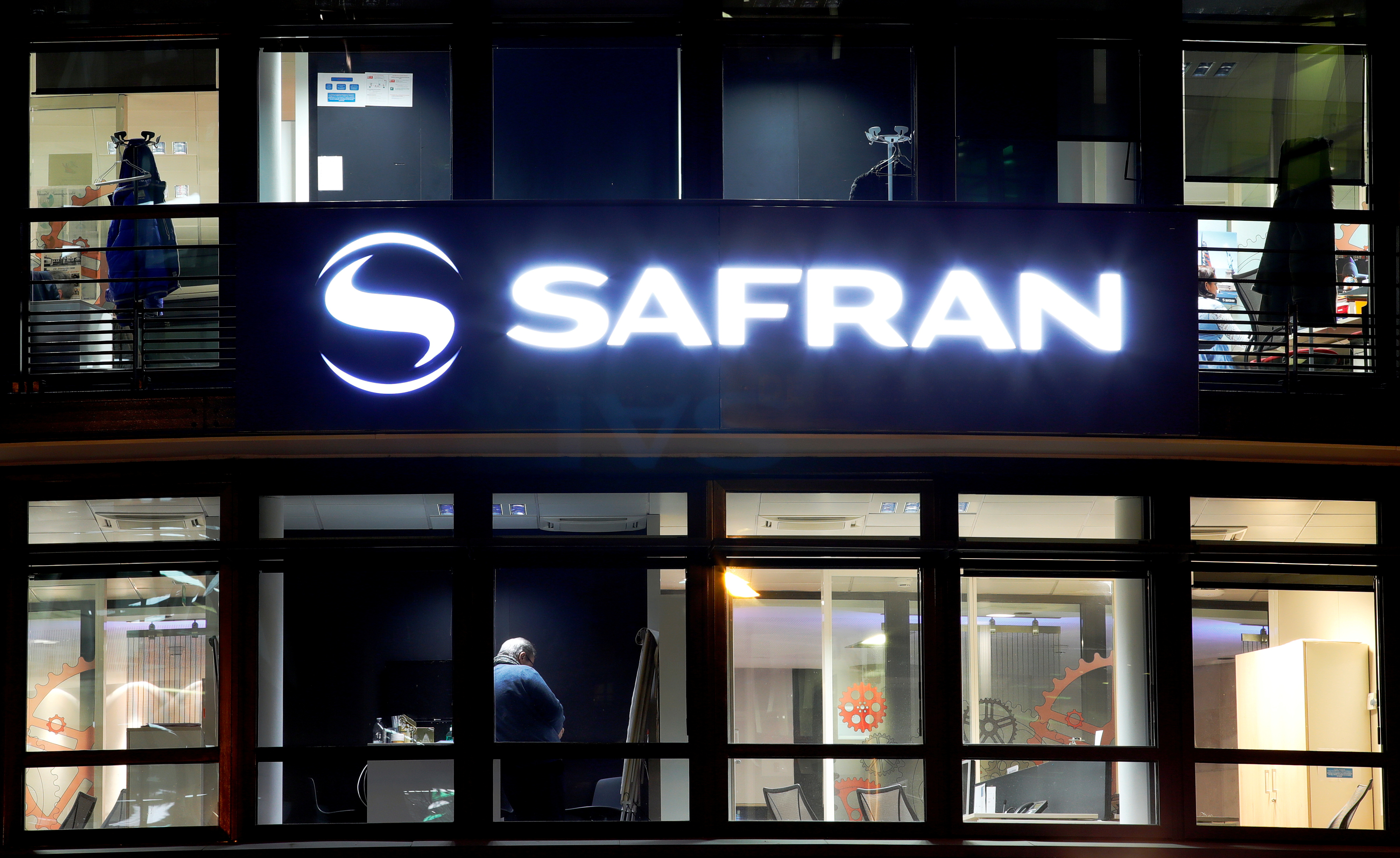 The logo of Safran is seen outside the company's headquarters in Issy-les-Moulineaux near Paris