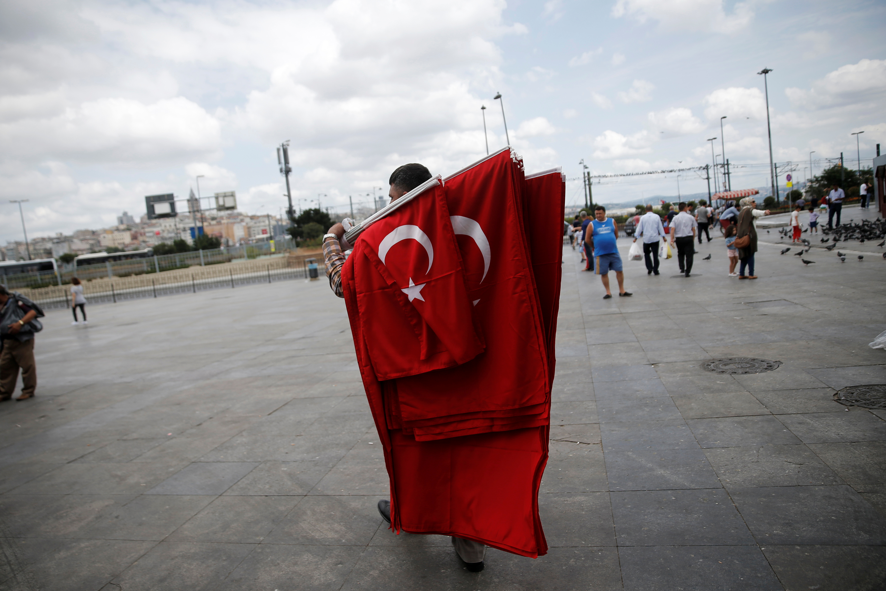 A street vendor sells Turkish flags at Eminonu district in Istanbul
