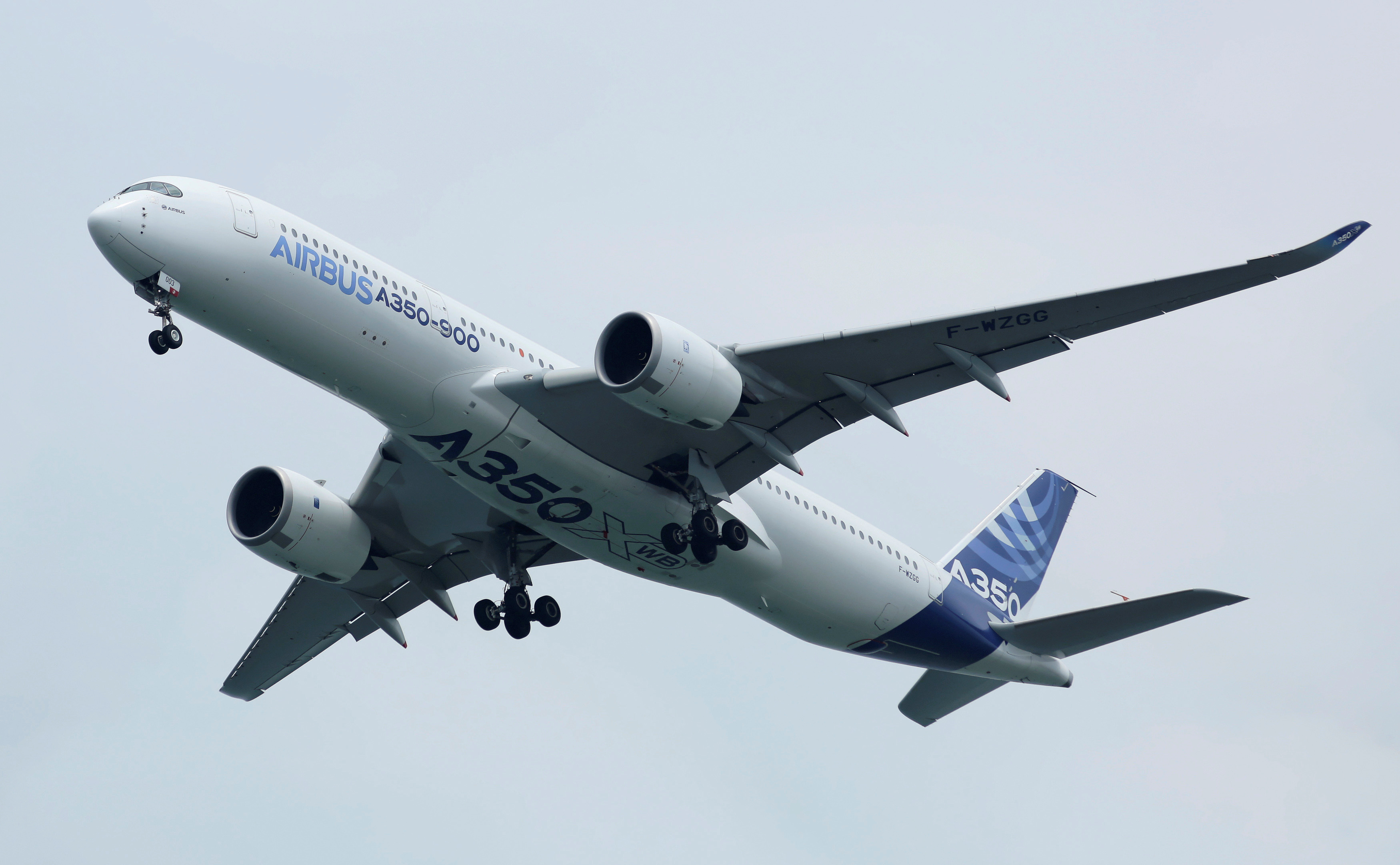 An Airbus A350-900 aircraft performs a flight pass during the Singapore Airshow in Singapore