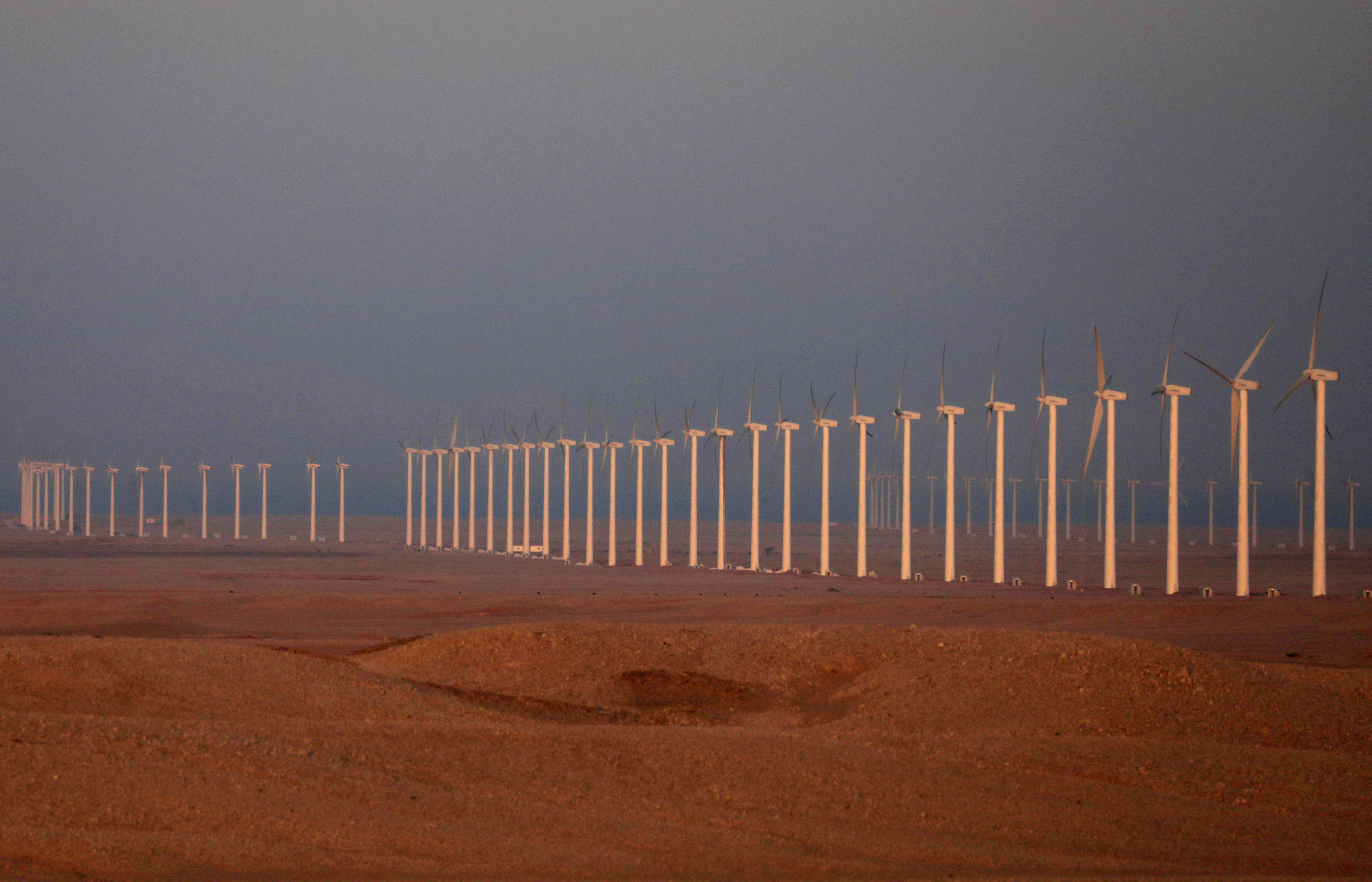 Wind turbines, which generate renewable energy, are seen on Zafarana Wind Farm