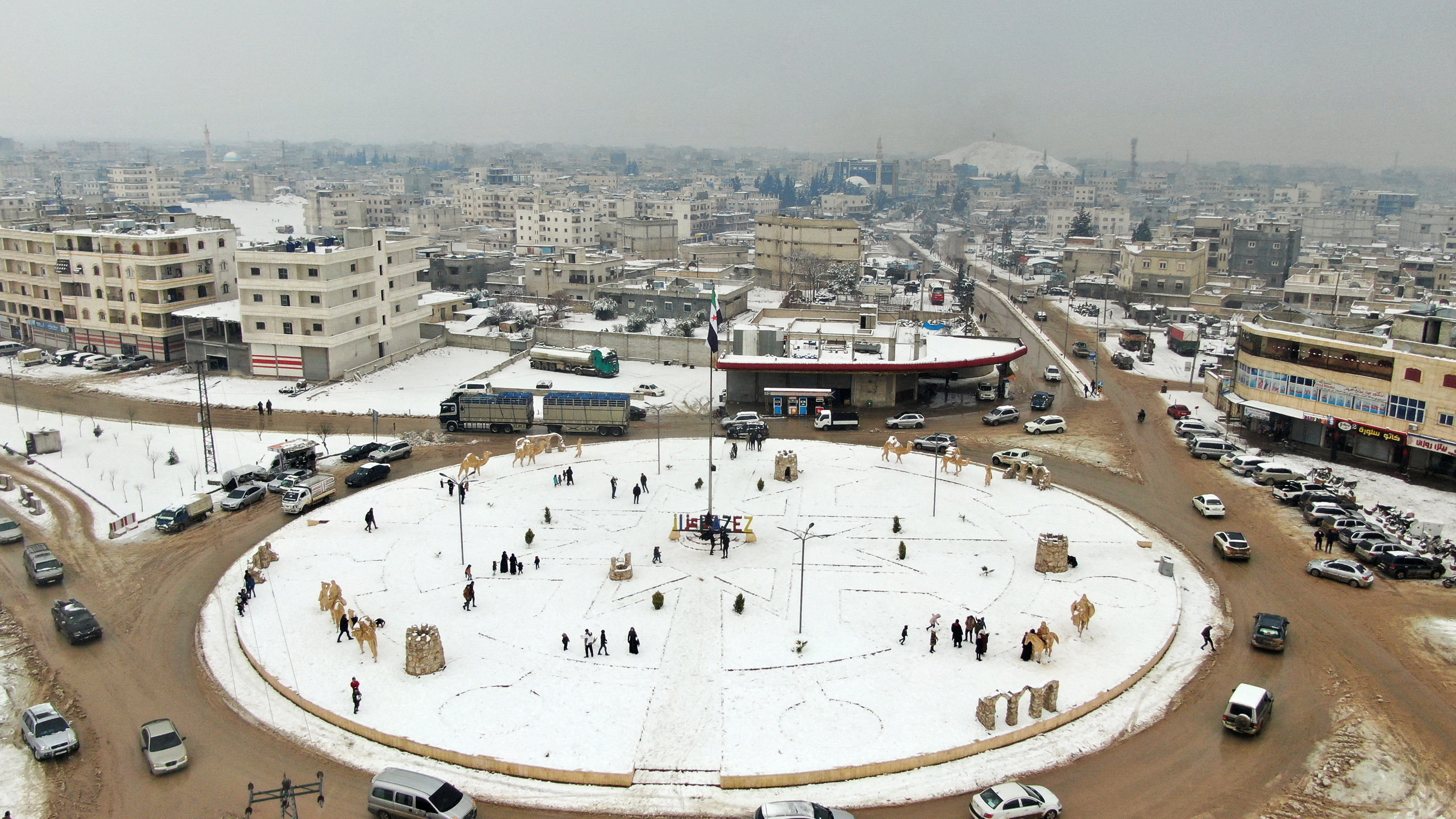 An aerial view shows the snow covered city of Azaz