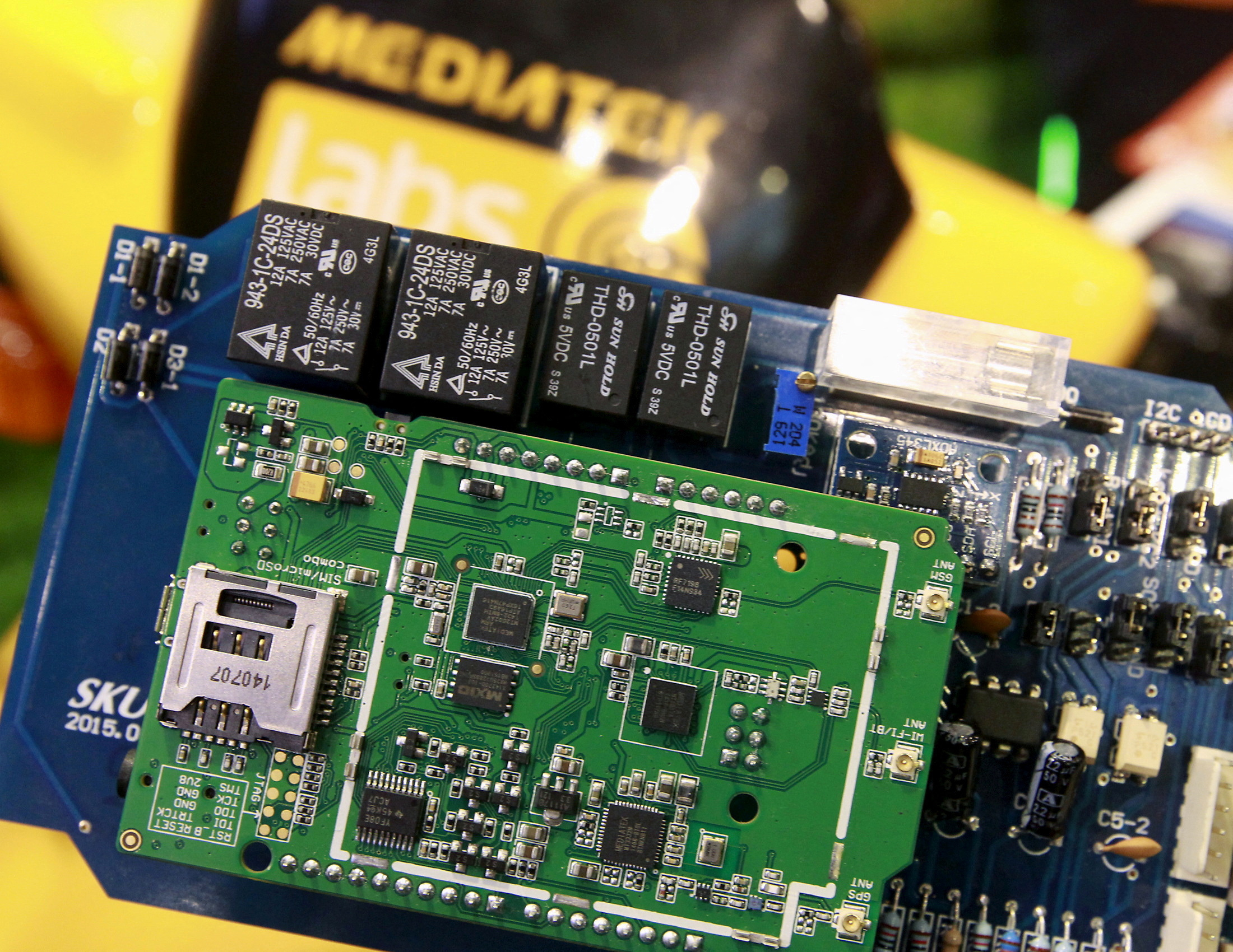 MediaTek chips are seen on a development board at the MediaTek booth during the 2015 Computex exhibition in Taipei, Taiwan