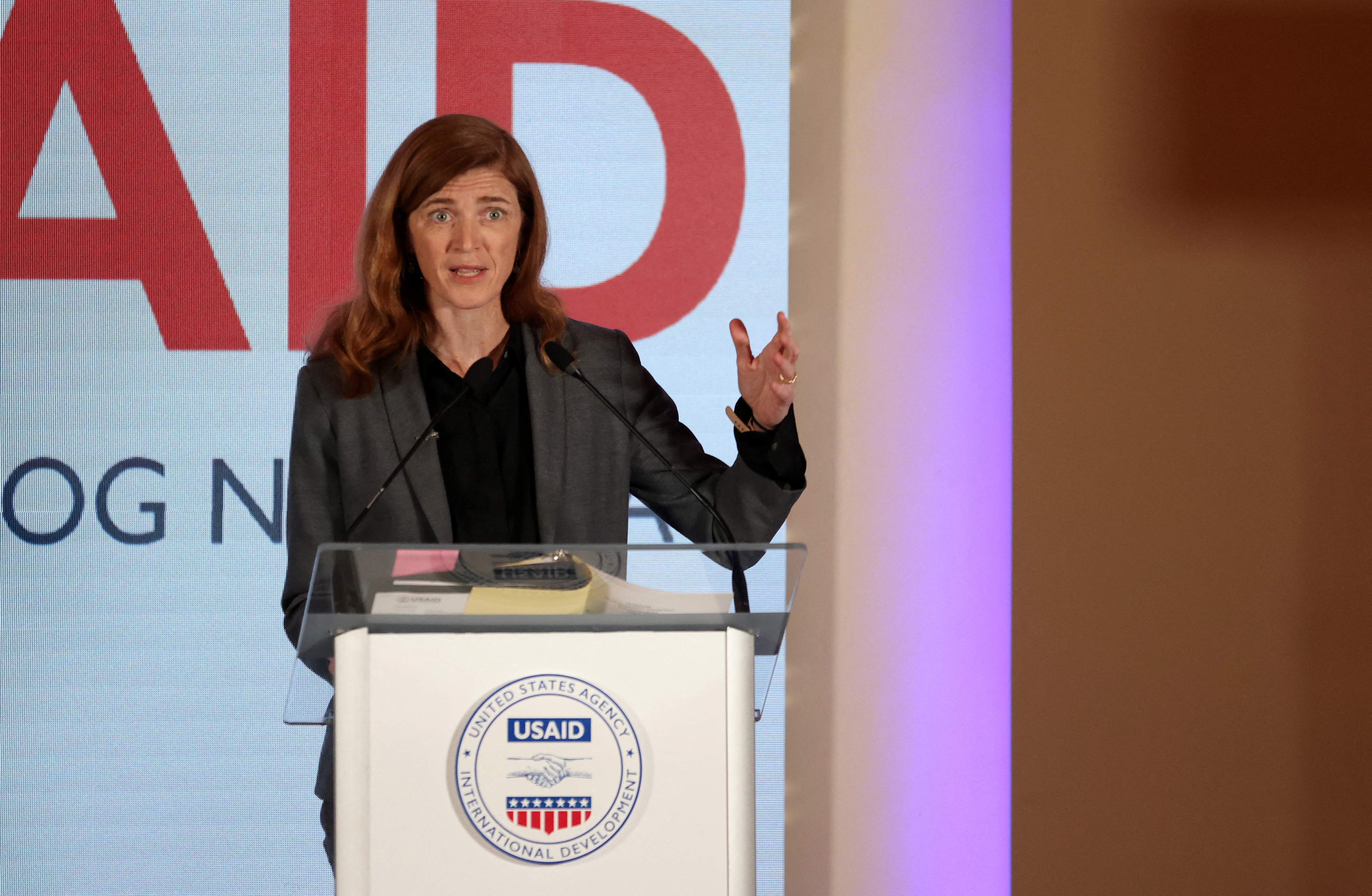 Samantha Power, the administrator of the U.S. Agency for International Development (USAID), speaks during a press conference