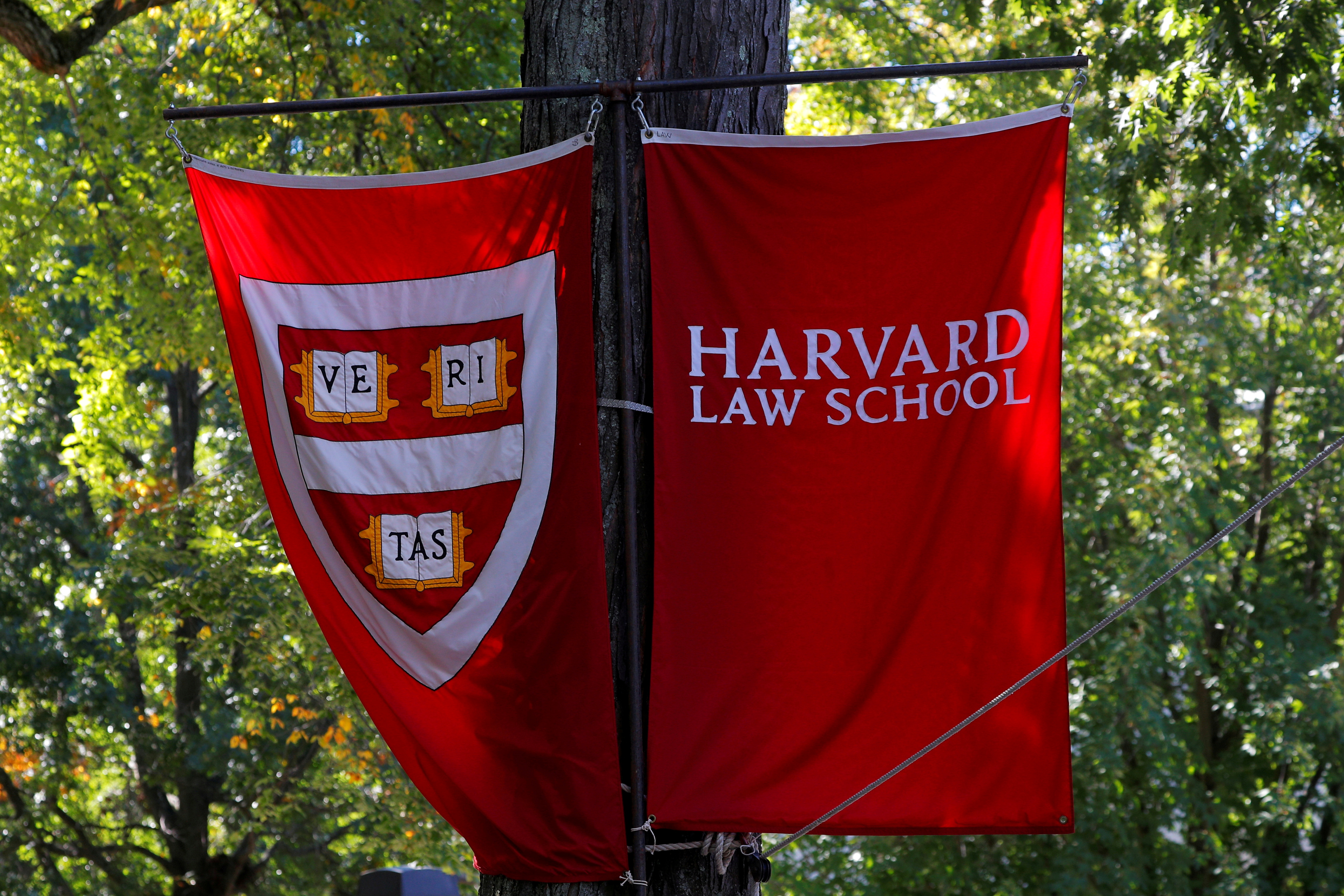 FILE PHOTO: Banners for Harvard Law School fly during the inauguration of Lawrence Bacow as the 29th President of Harvard University in Cambridge