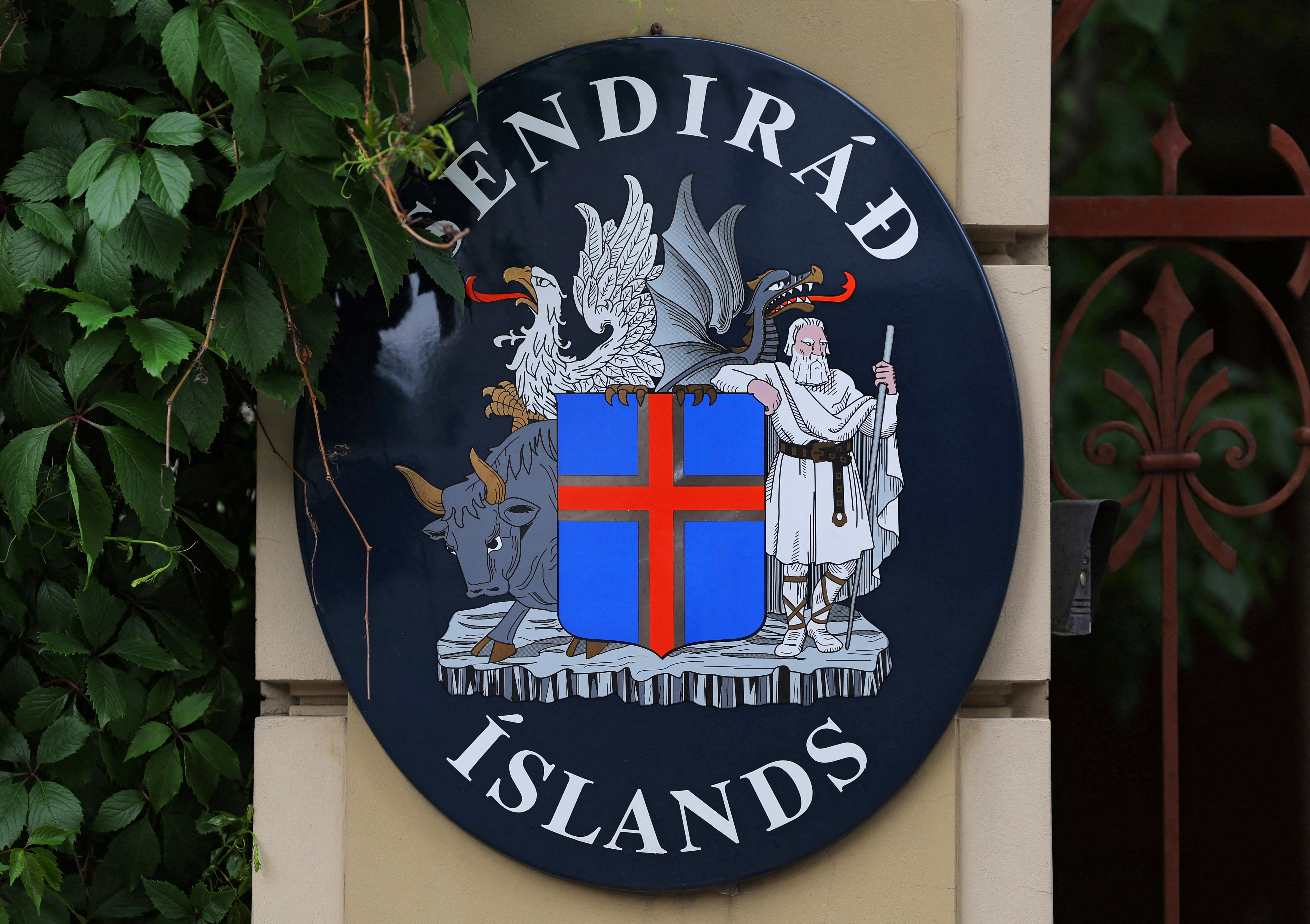 A view shows a sign at the Embassy of Iceland in Moscow