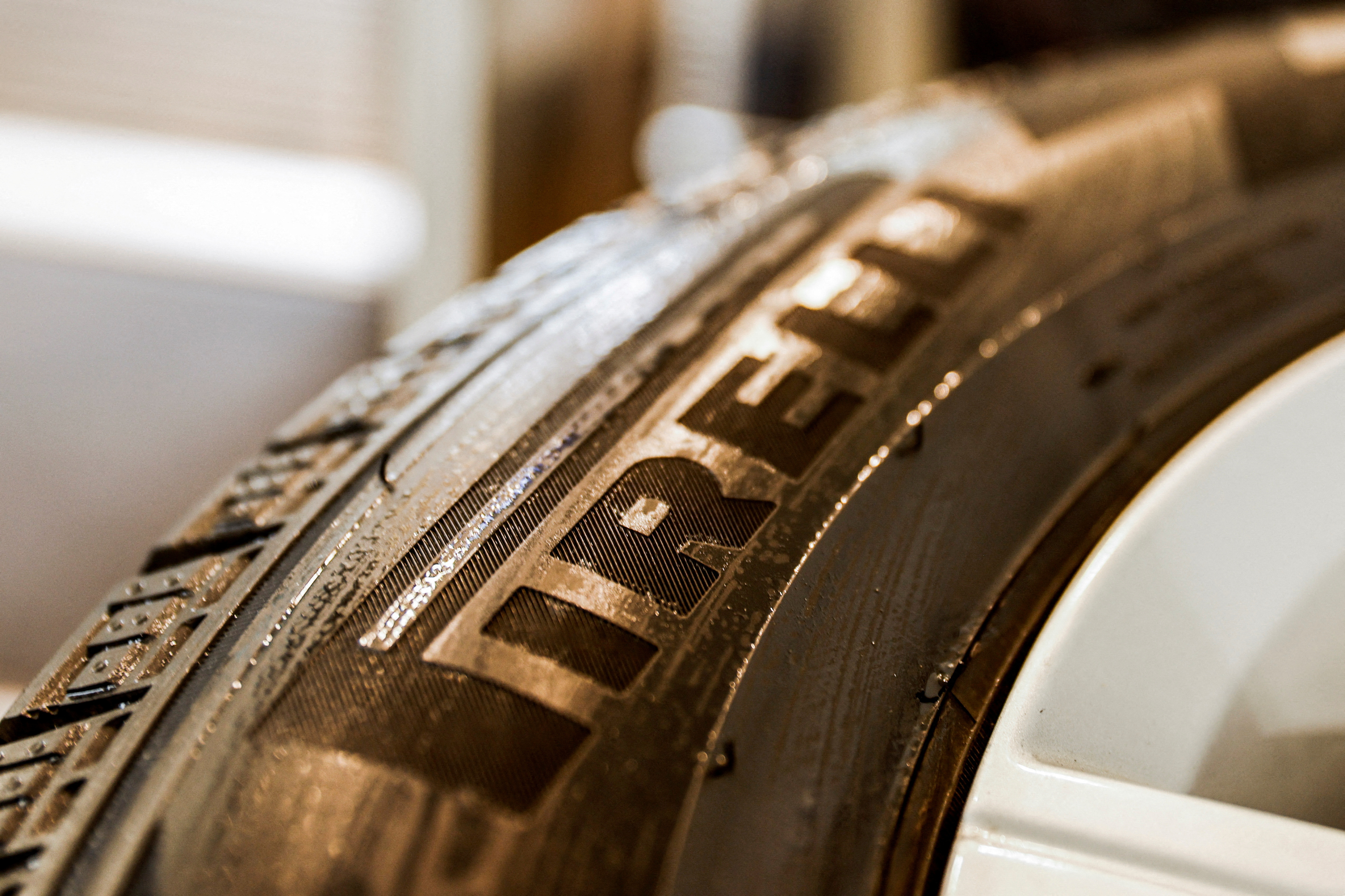 A tyre produced by the Italian company Pirelli is on display at a dealership in Moscow