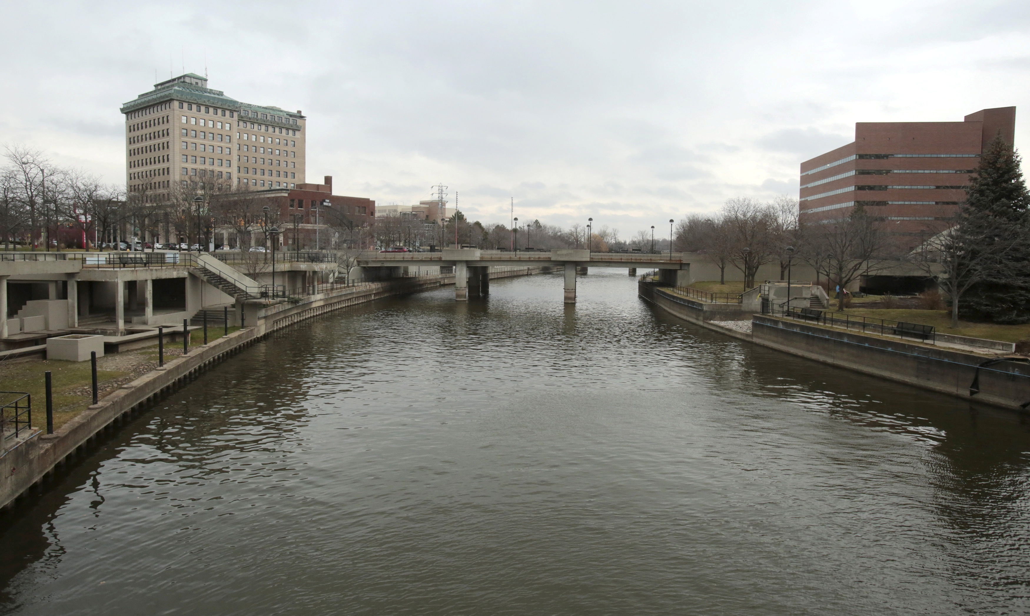The Flint River is seen flowing through downtown Flint, Michigan