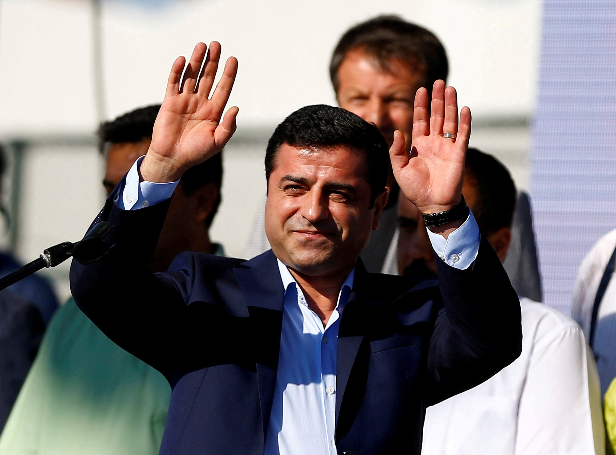 HDP co-leader Demirtas greeting the crowd during a peace rally to protest against Turkish military operations in northern Syria, in Istanbul
