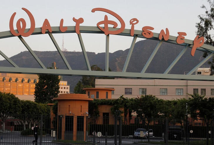 A portion of the signage at the main gate of The Walt Disney Co. is pictured in Burbank, California