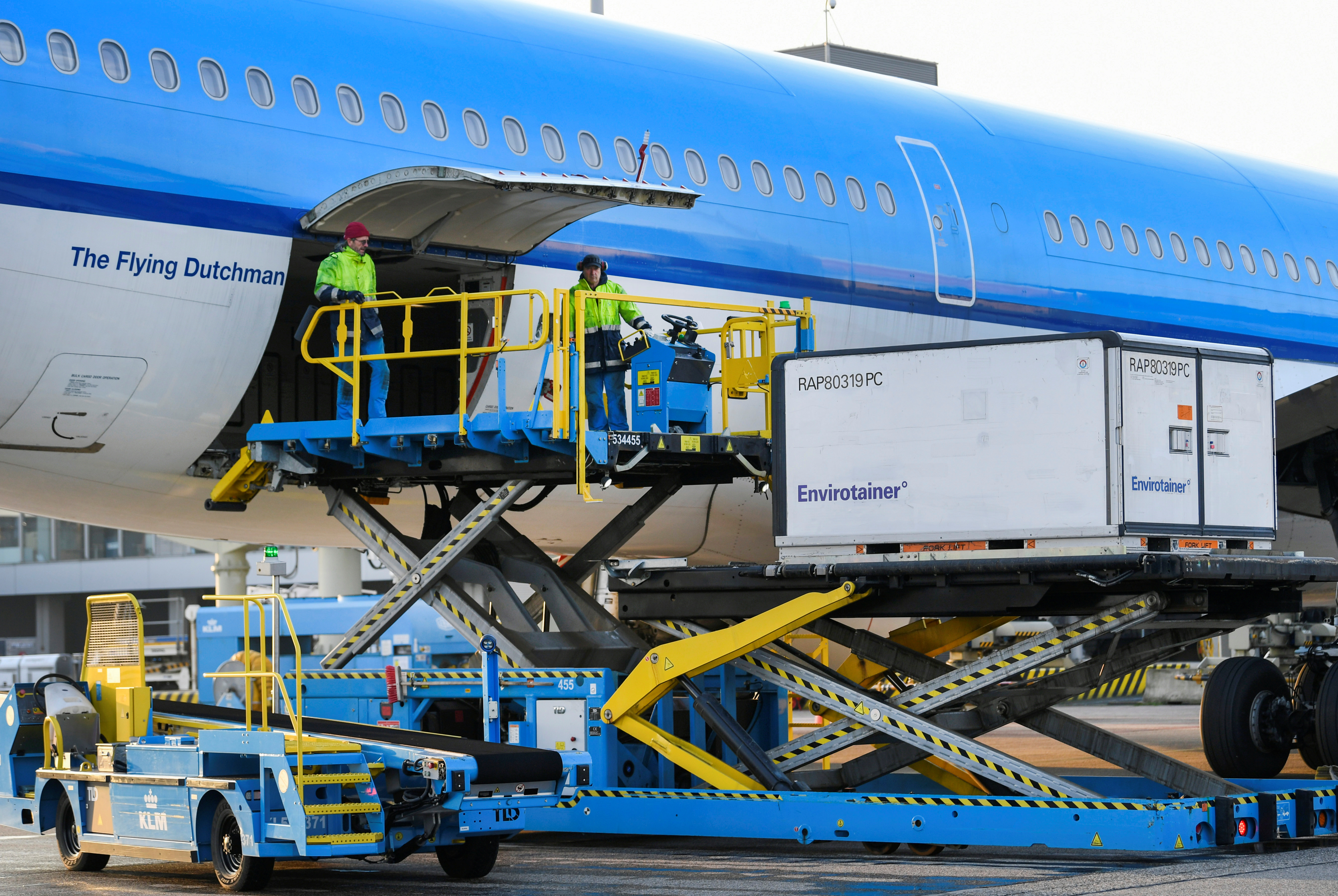 Cool boxes are being transported by airplane at Amsterdam's Schiphol Airport