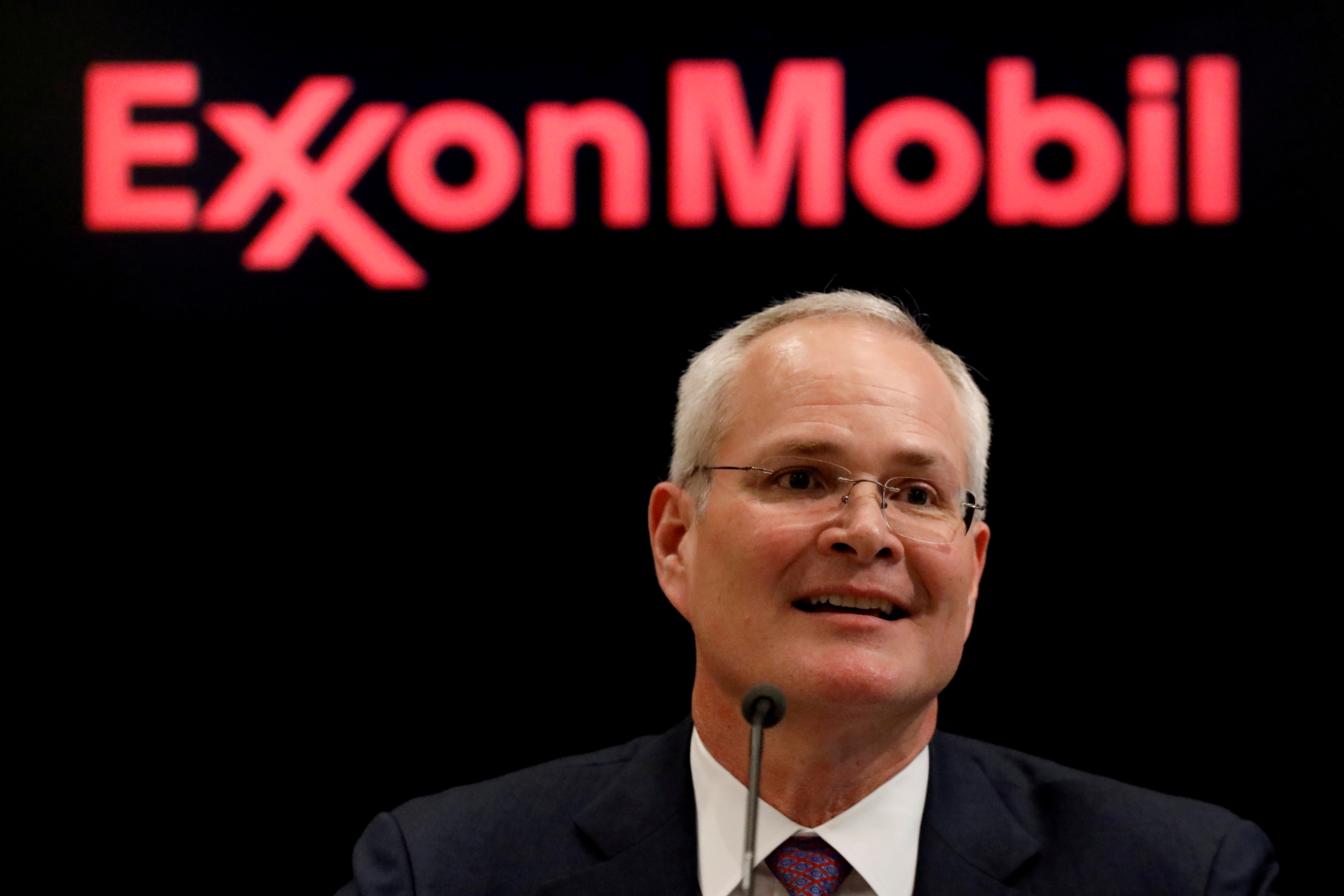 Darren Woods, Chairman & CEO, Exxon Mobil Corporation speaks during a news conference at the NYSE