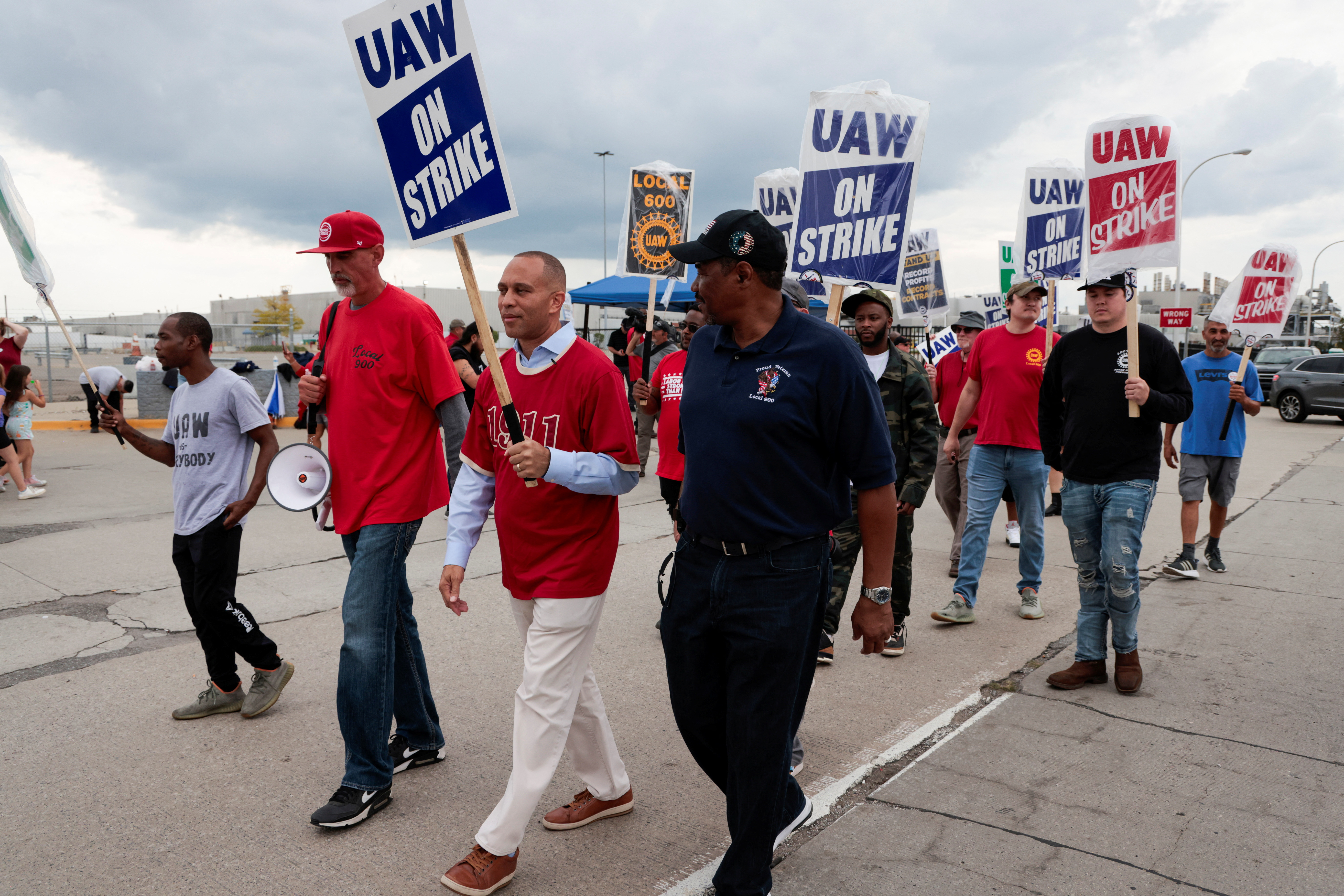 Hakeem Jeffries, Democratic Minority Leader of the U.S. House of Representatives, walks the picket line with striking United Auto Workers members