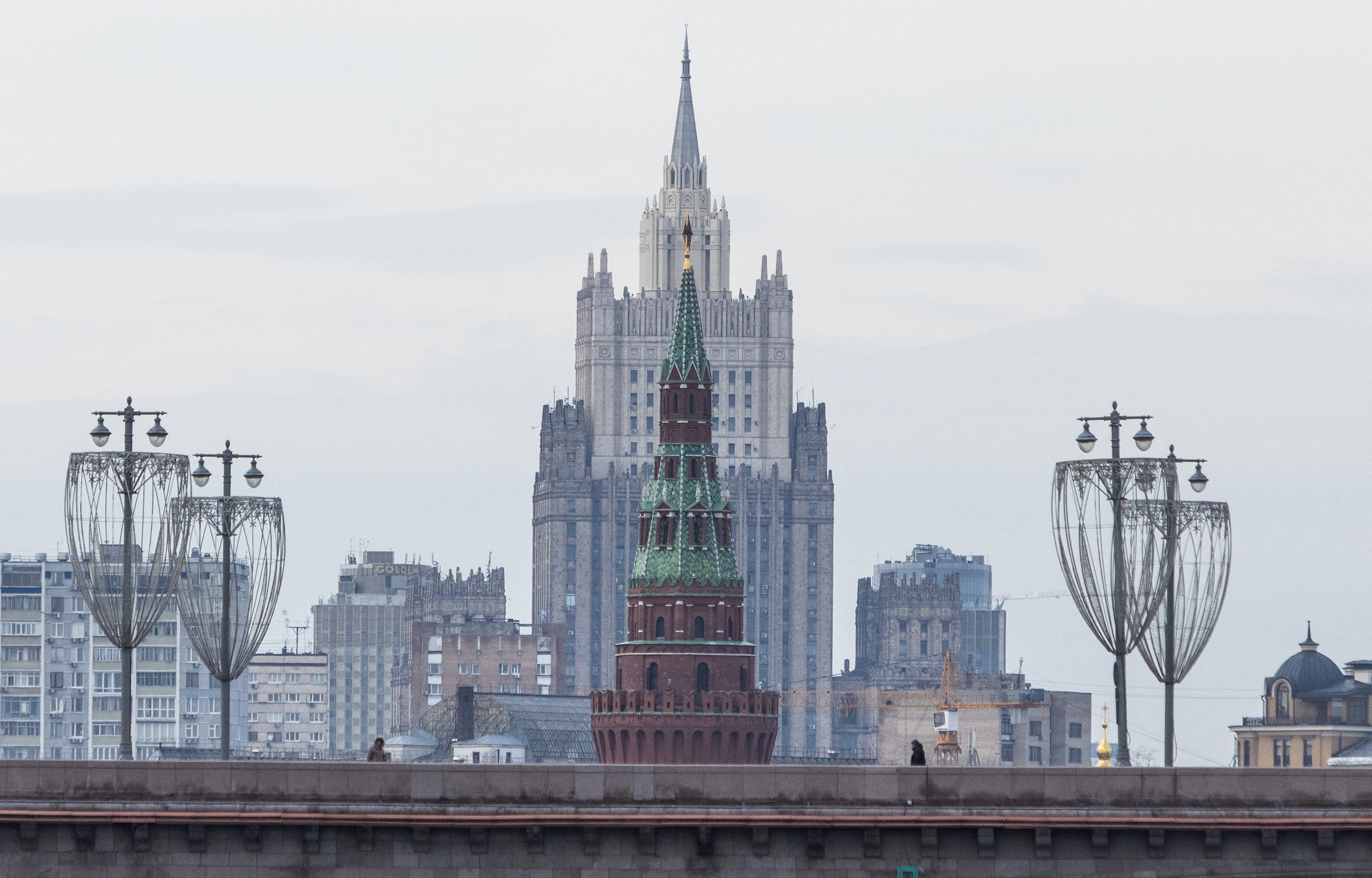 Russian Foreign Ministry headquarters are seen next to one of the towers of Moscow’s Kremlin