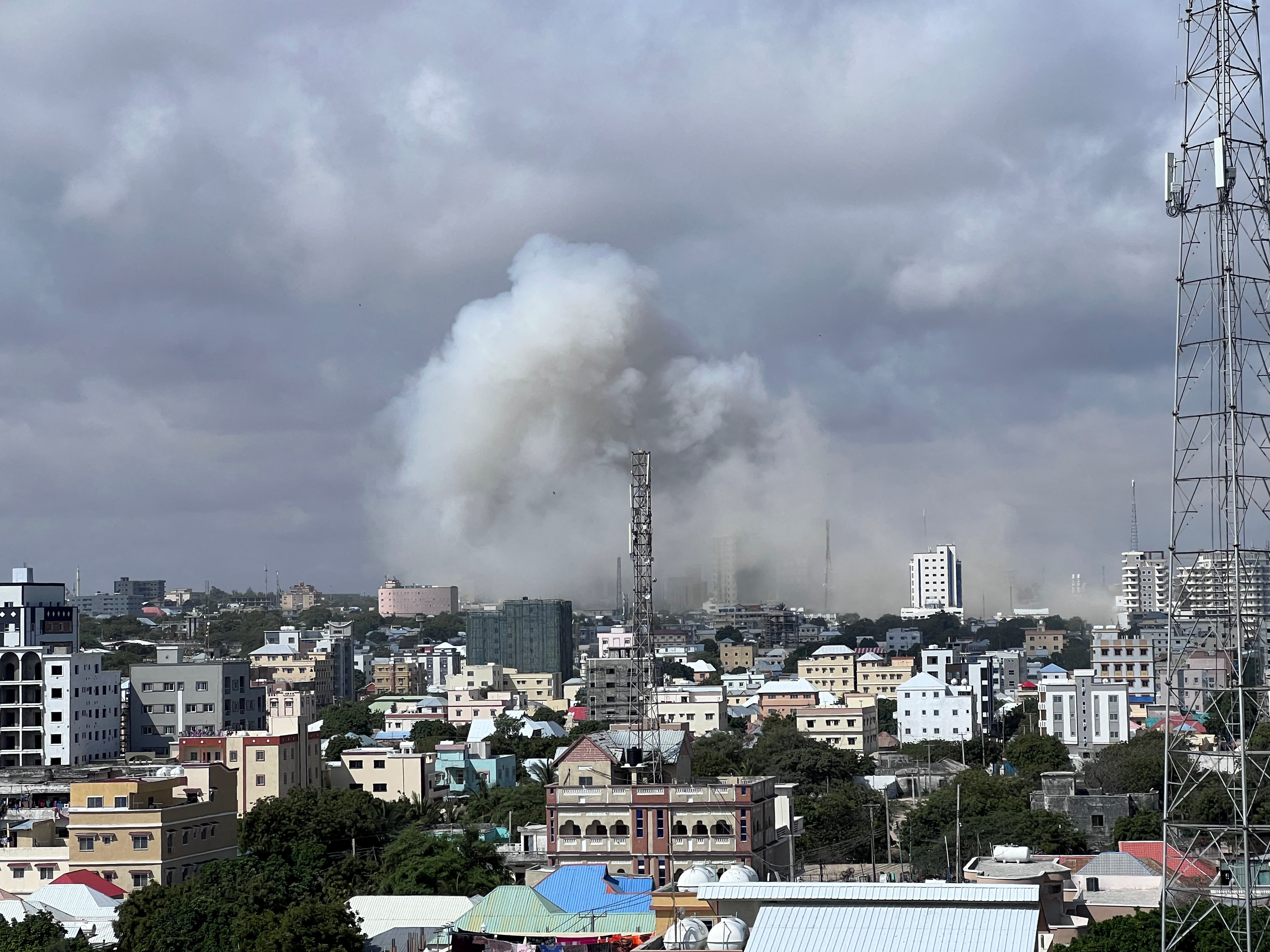 A view shows smoke rising following a car bomb explosion at Somalia's education ministry in Mogadishu