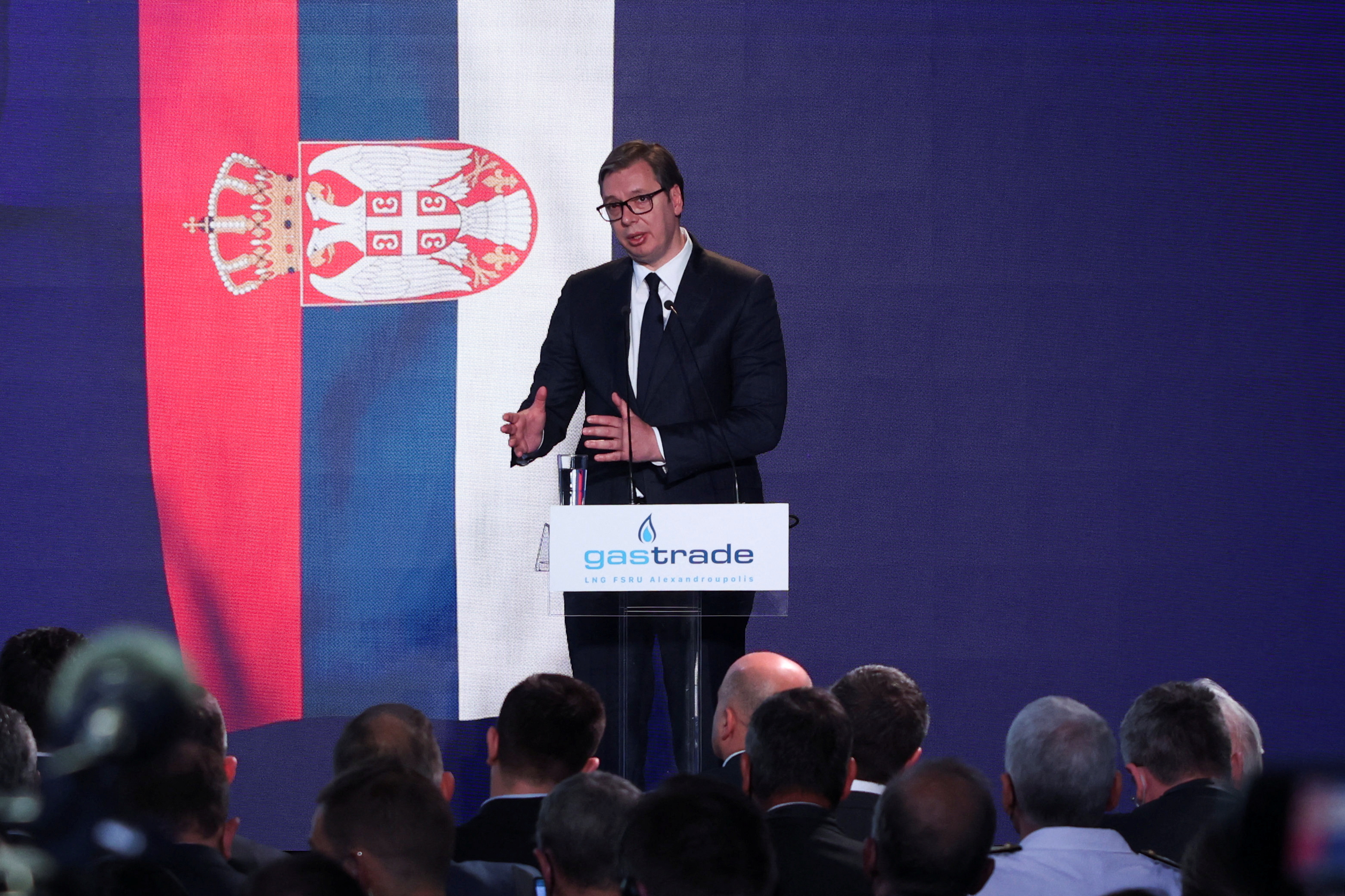 Serbia's President Aleksandar Vucic speaks during an event in Alexandroupolis