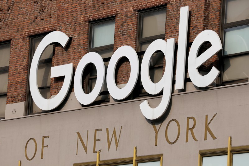 A logo is seen on the New York Google offices in New York City