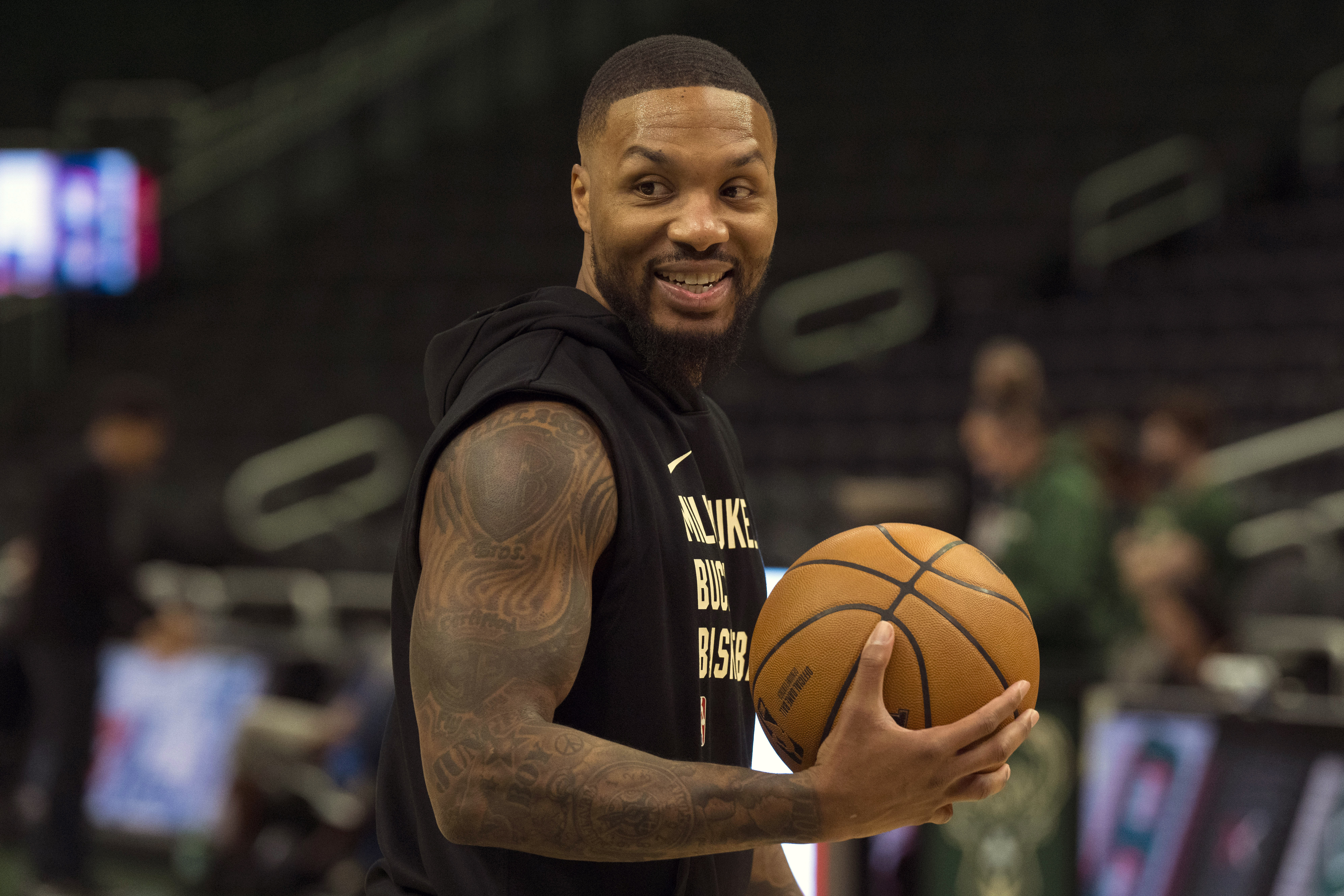 Damian Lillard in his Milwaukee Bucks jersey for the first time