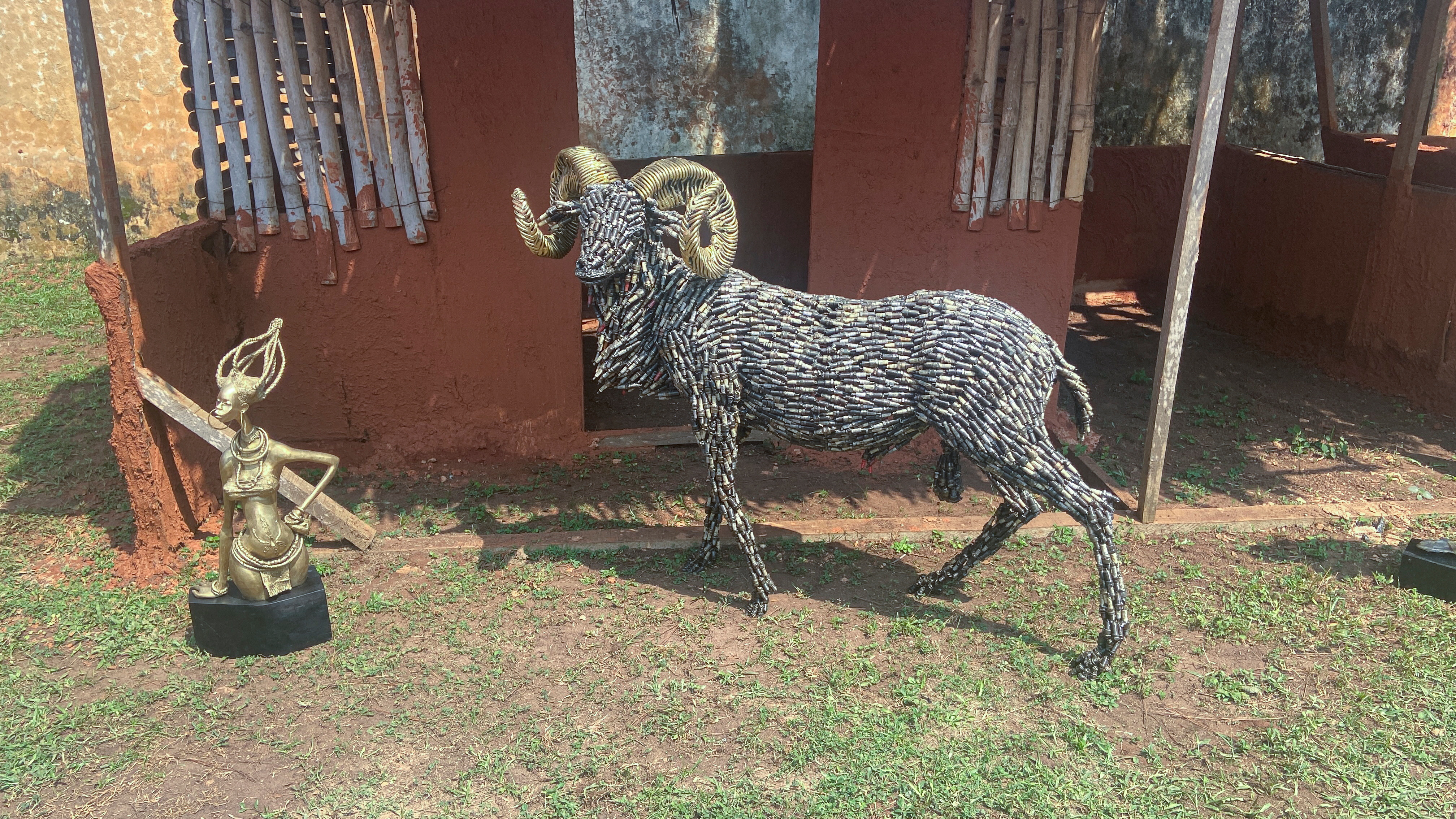 A life-size ram made from spark plugs, one of the artworks offered to the British Museum by Nigerian artists, is displayed in Benin City, Nigeria, July 31, 2021. REUTERS/Tife Owolabi
