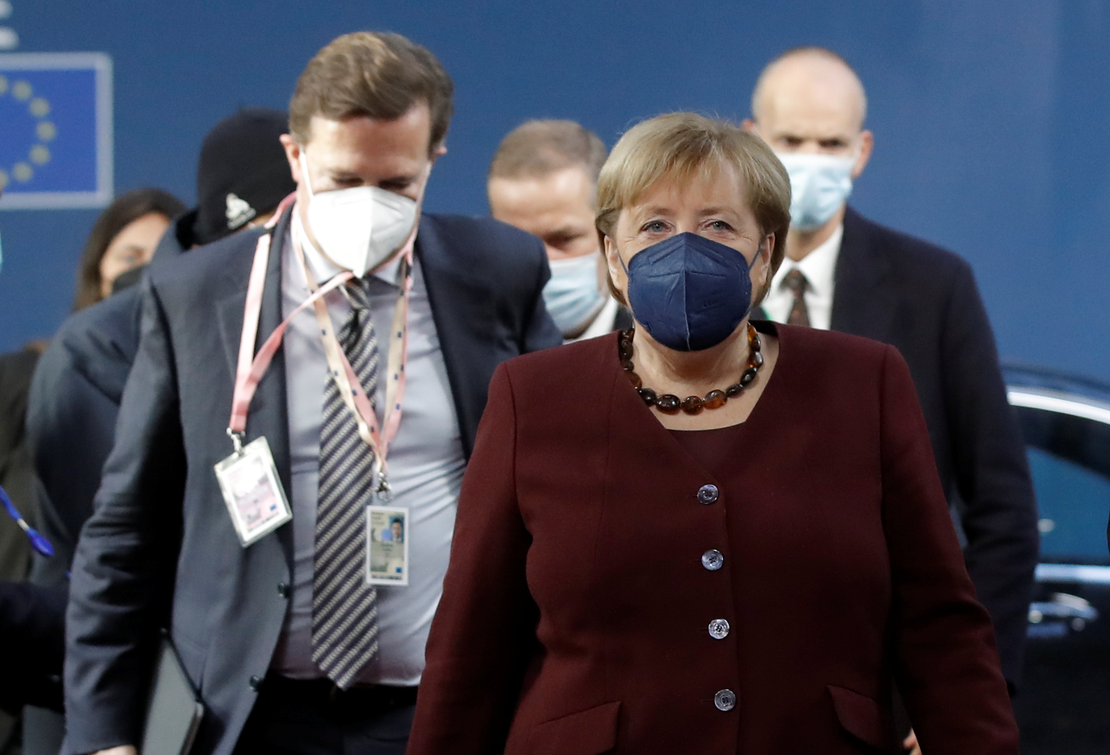 Germany's Chancellor Angela Merkel arrives for the second day of the EU leaders summit, in Brussels, Belgium, October 22, 2021. Olivier Hoslet/Pool/via REUTERS