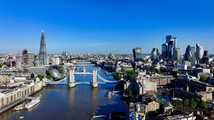 A drone view of the River Thames and Tower Bridge in London