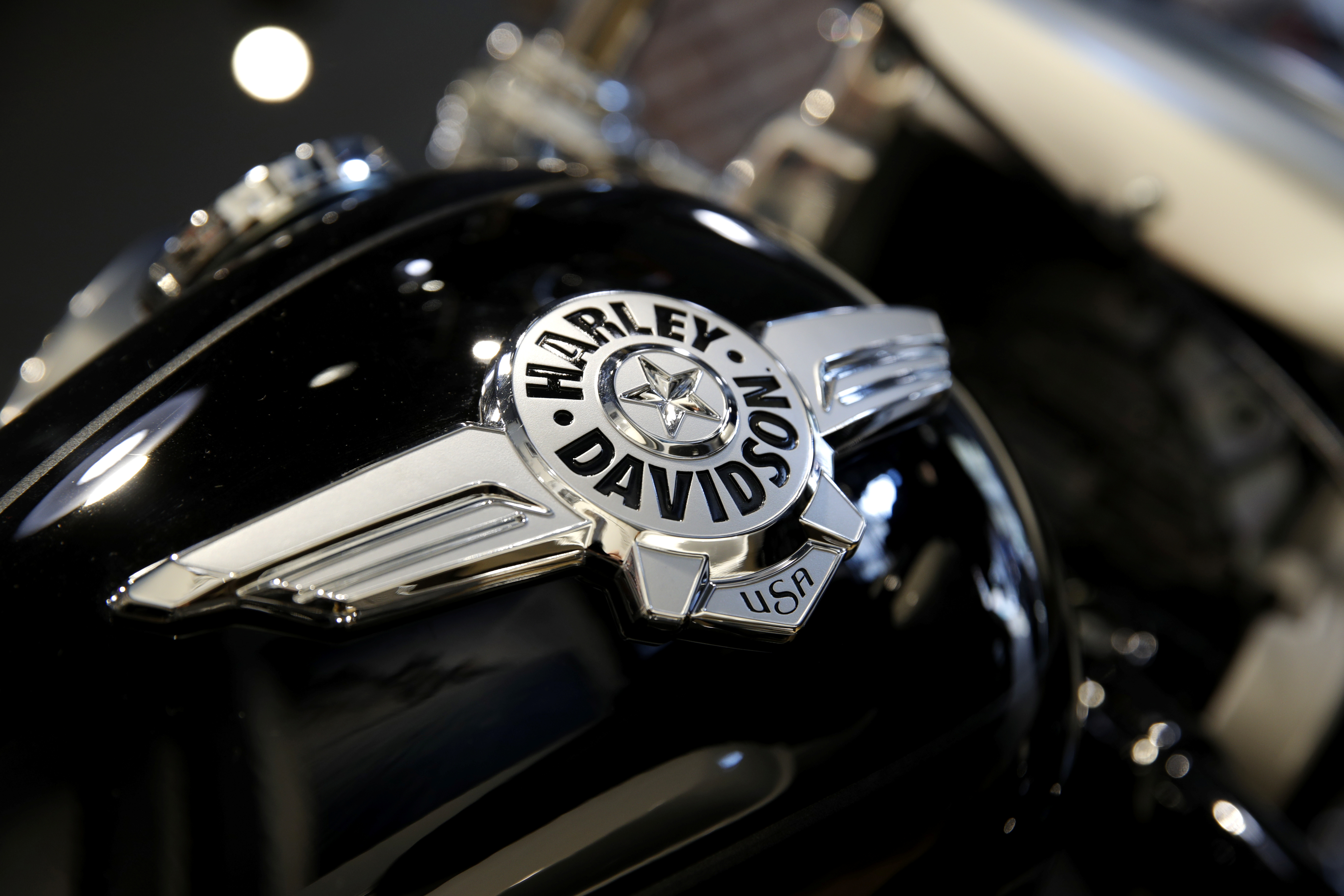 The logo of U.S. motorcycle company Harley-Davidson is seen on one of their models at a shop in Paris
