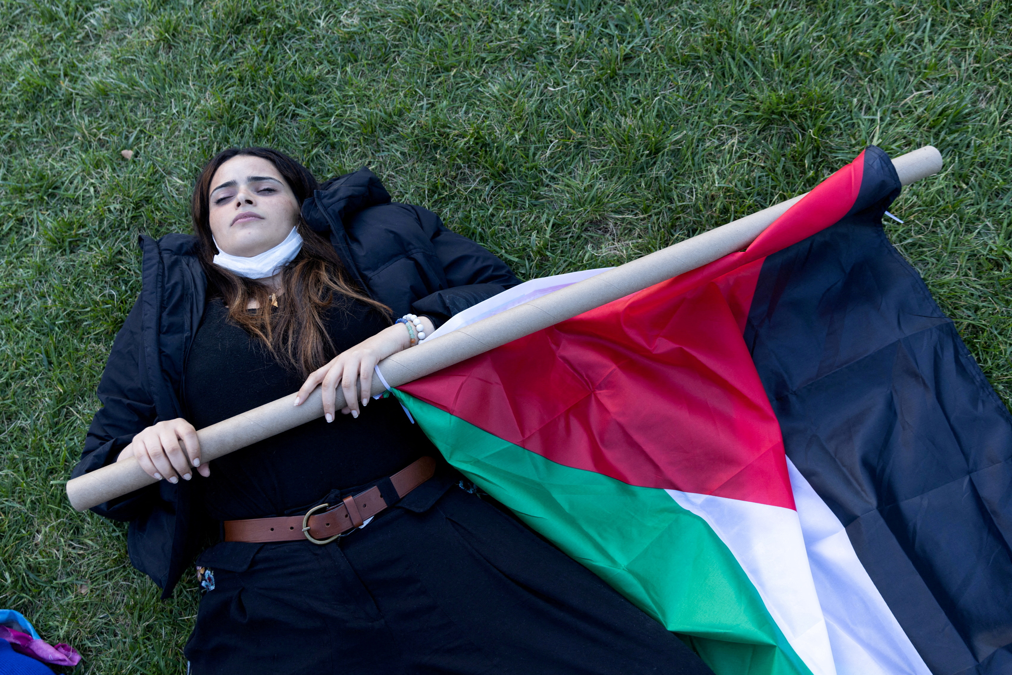 Pro-Palestinian students take part in a protest in support of the Palestinians amid the ongoing conflict in Gaza, at Columbia University in New York City