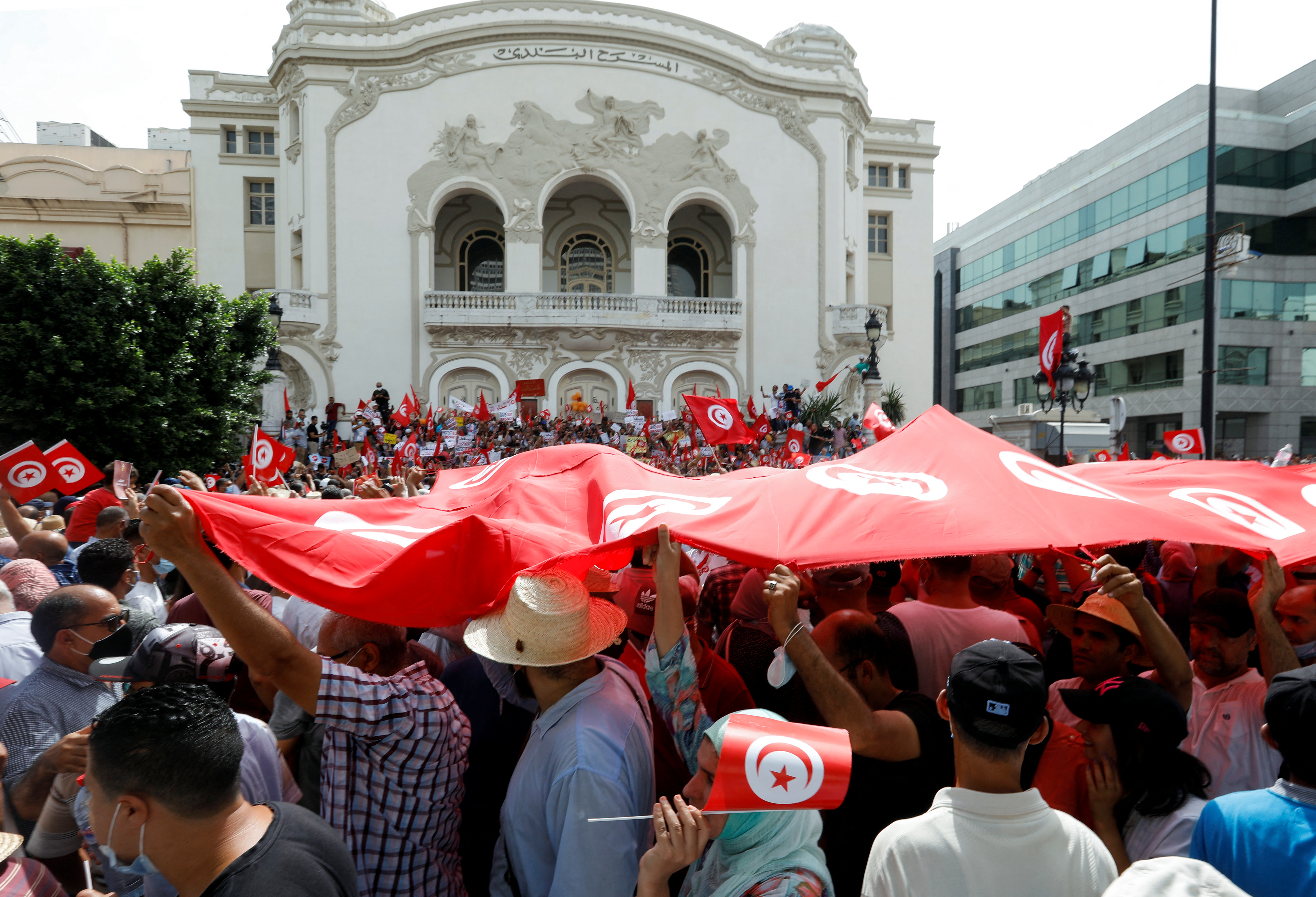 Demonstrators protest against Tunisian President Kais Saied's seizure of governing powers, in Tunis