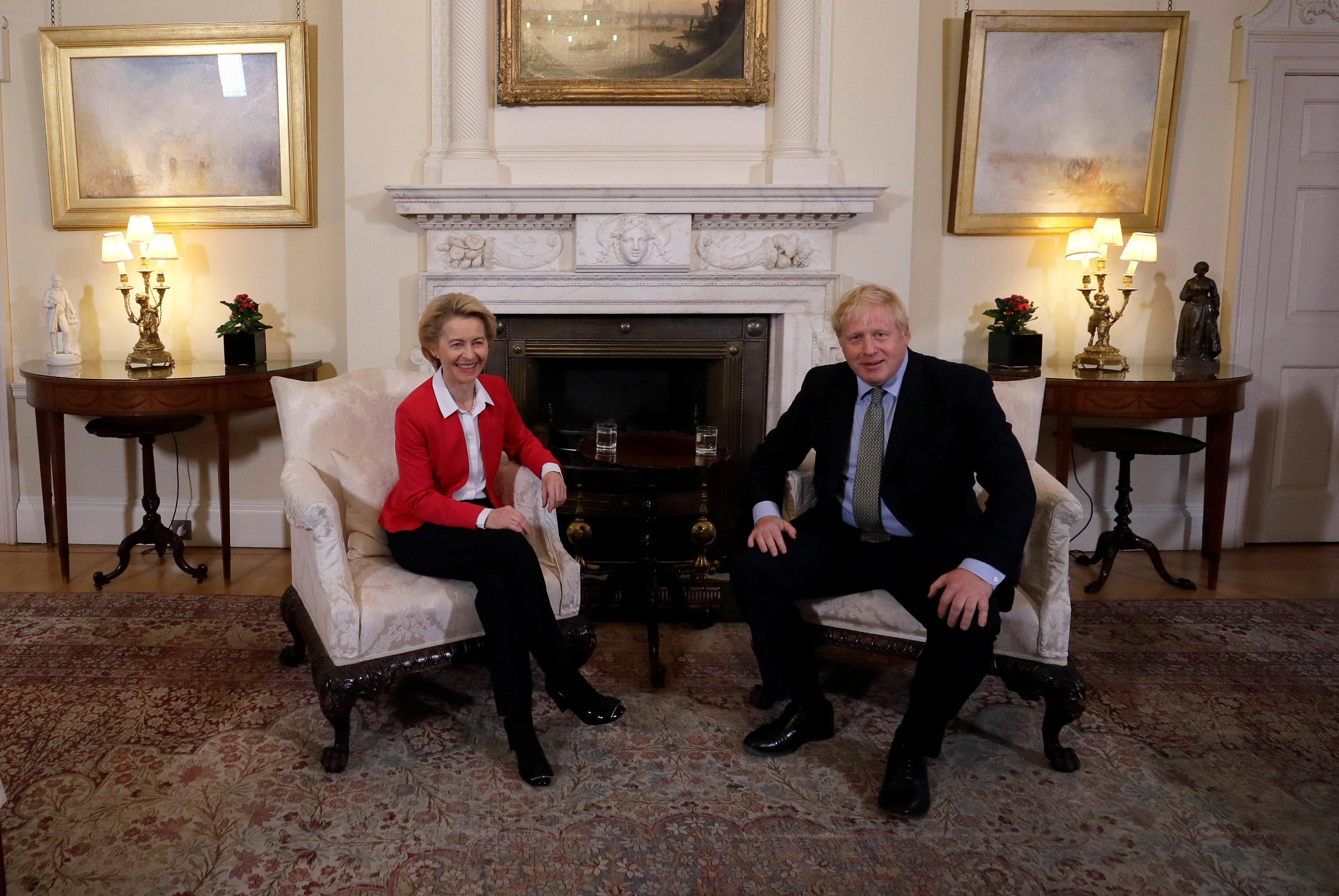 Britain's Prime Minister Boris Johnson meets with European Commission President Ursula von der Leyen inside 10 Downing Street in London