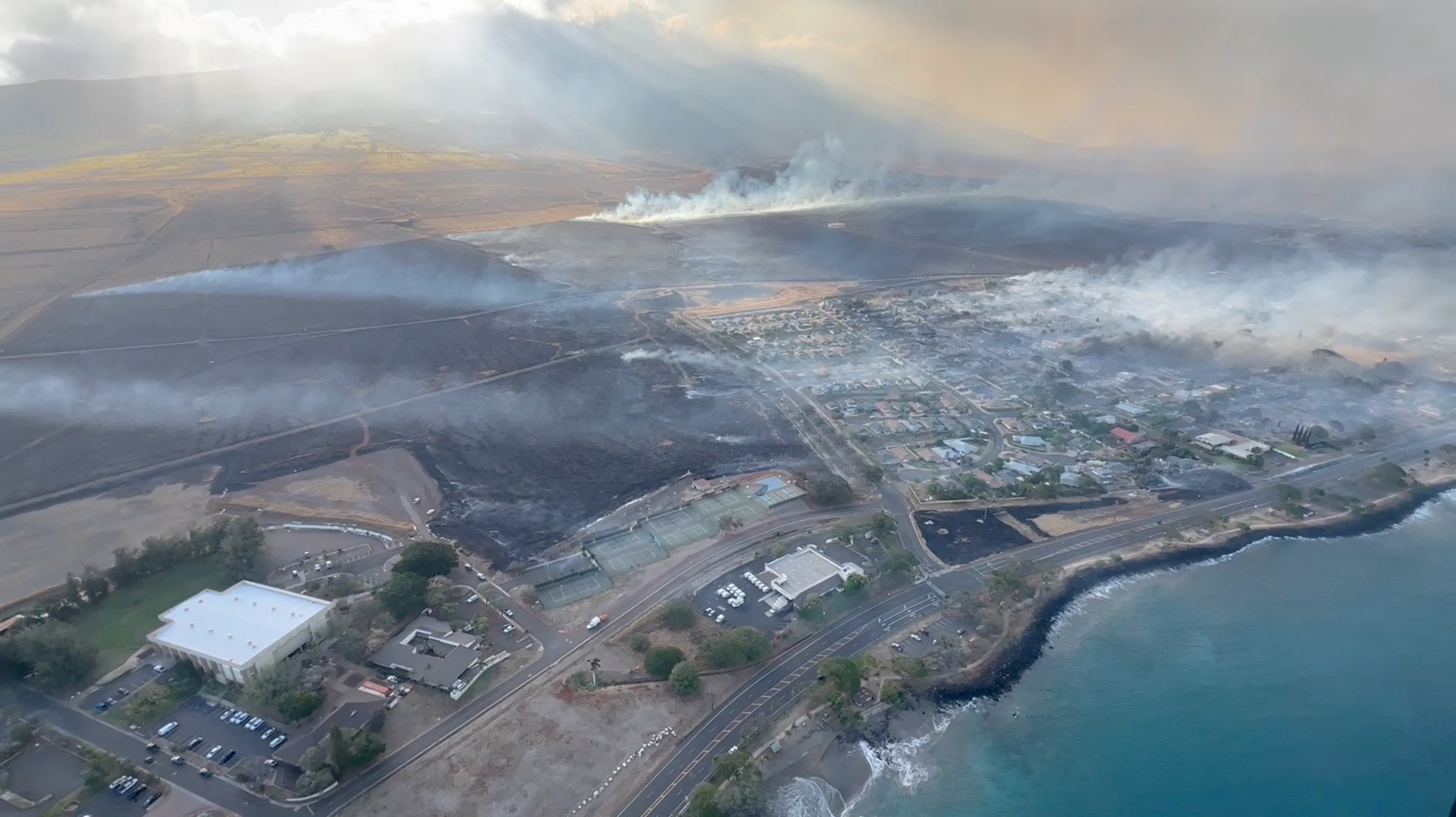 Aerial view of Lahaina coast in the aftermath of wildfires