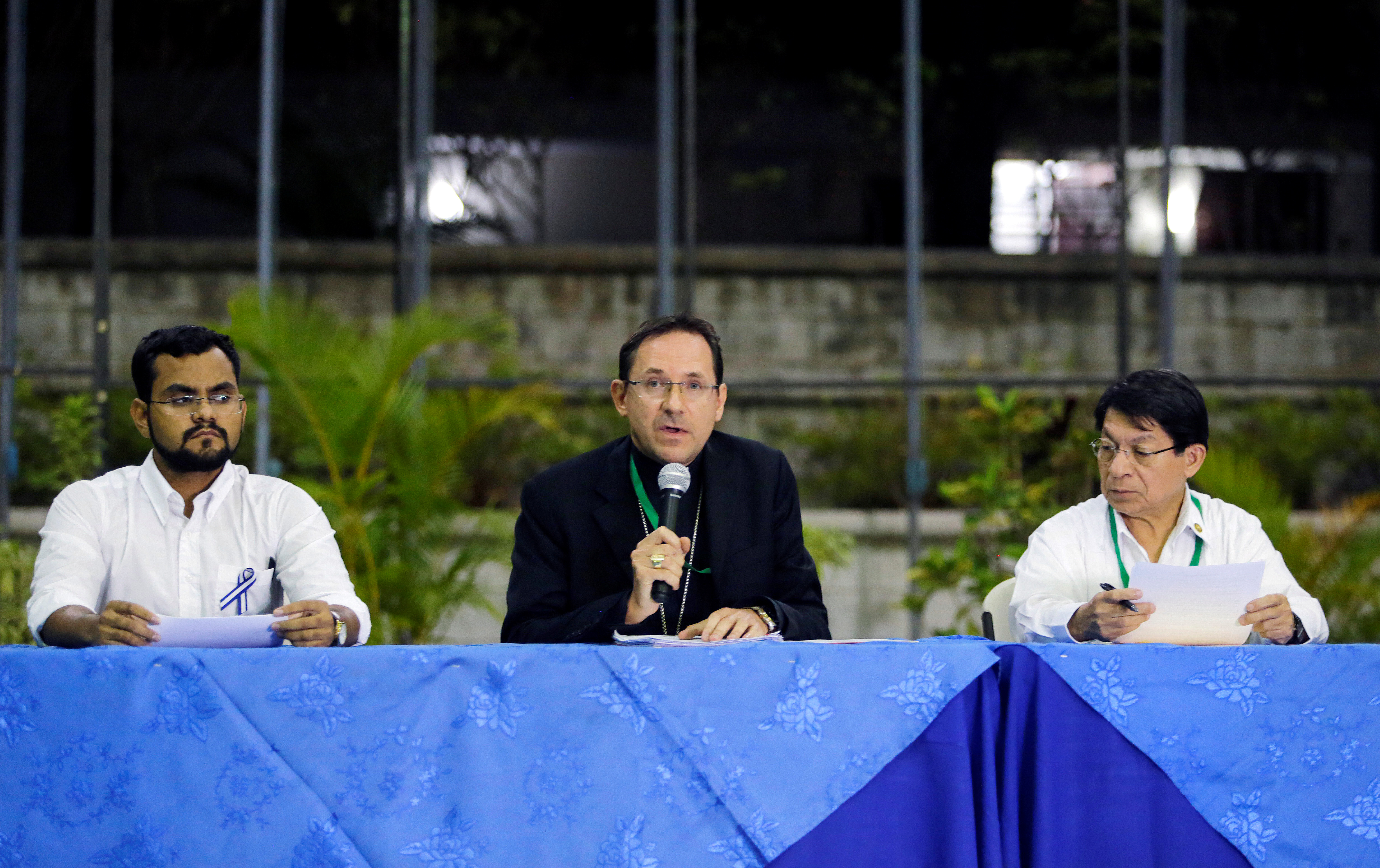 Apostolic Nuncio Monsignor Stanislaw Sommertag speaks during a news conference in Managua