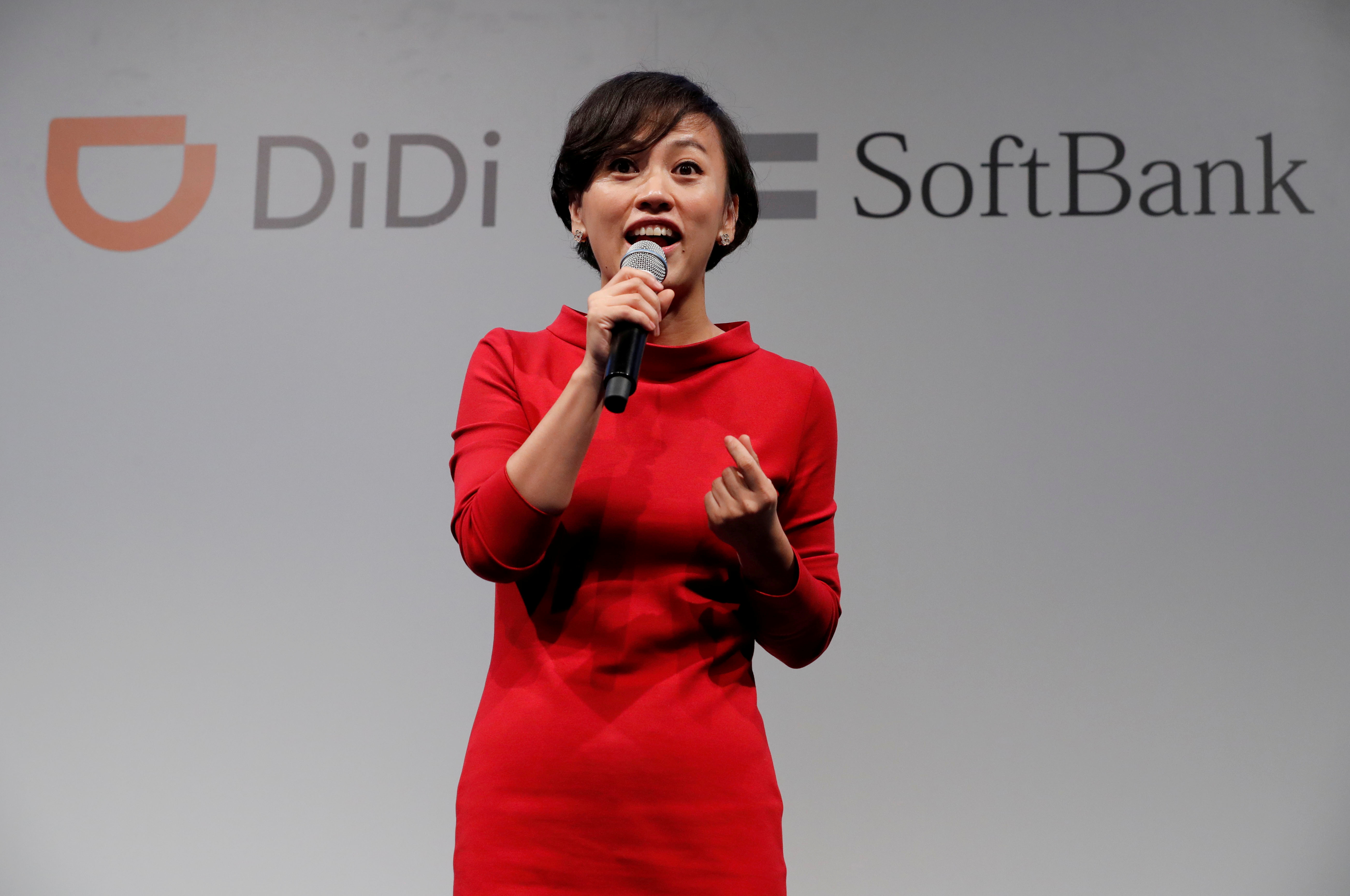 President of Didi Chuxing Jean Liu speaks during a news conference about their Japanese taxi-hailing joint venture in Tokyo