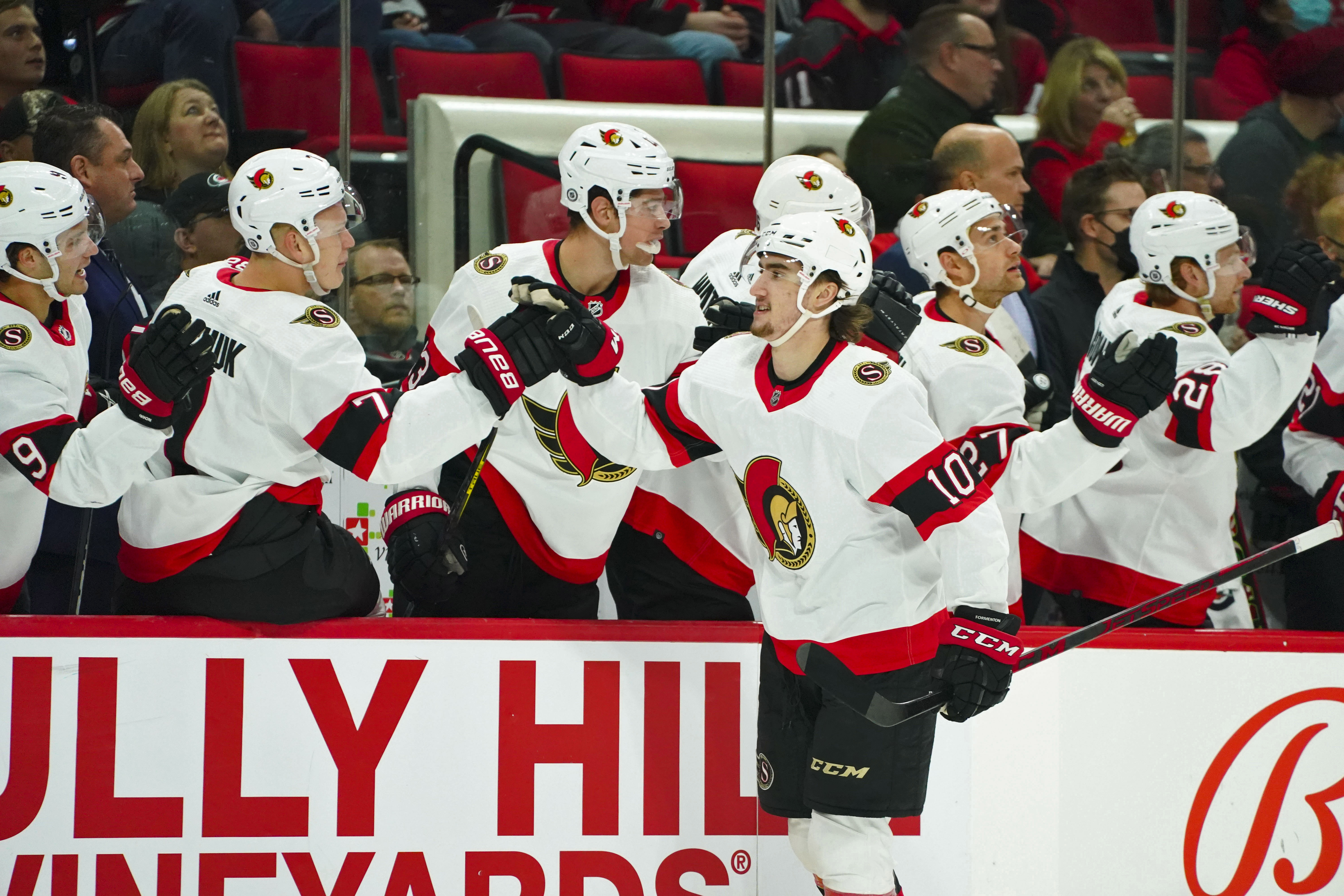 Dec 2, 2021; Raleigh, North Carolina, USA;  Ottawa Senators left wing Alex Formenton (10) celebrates his goal against the Carolina Hurricanes during the first period at PNC Arena. Mandatory Credit: James Guillory-USA TODAY Sports