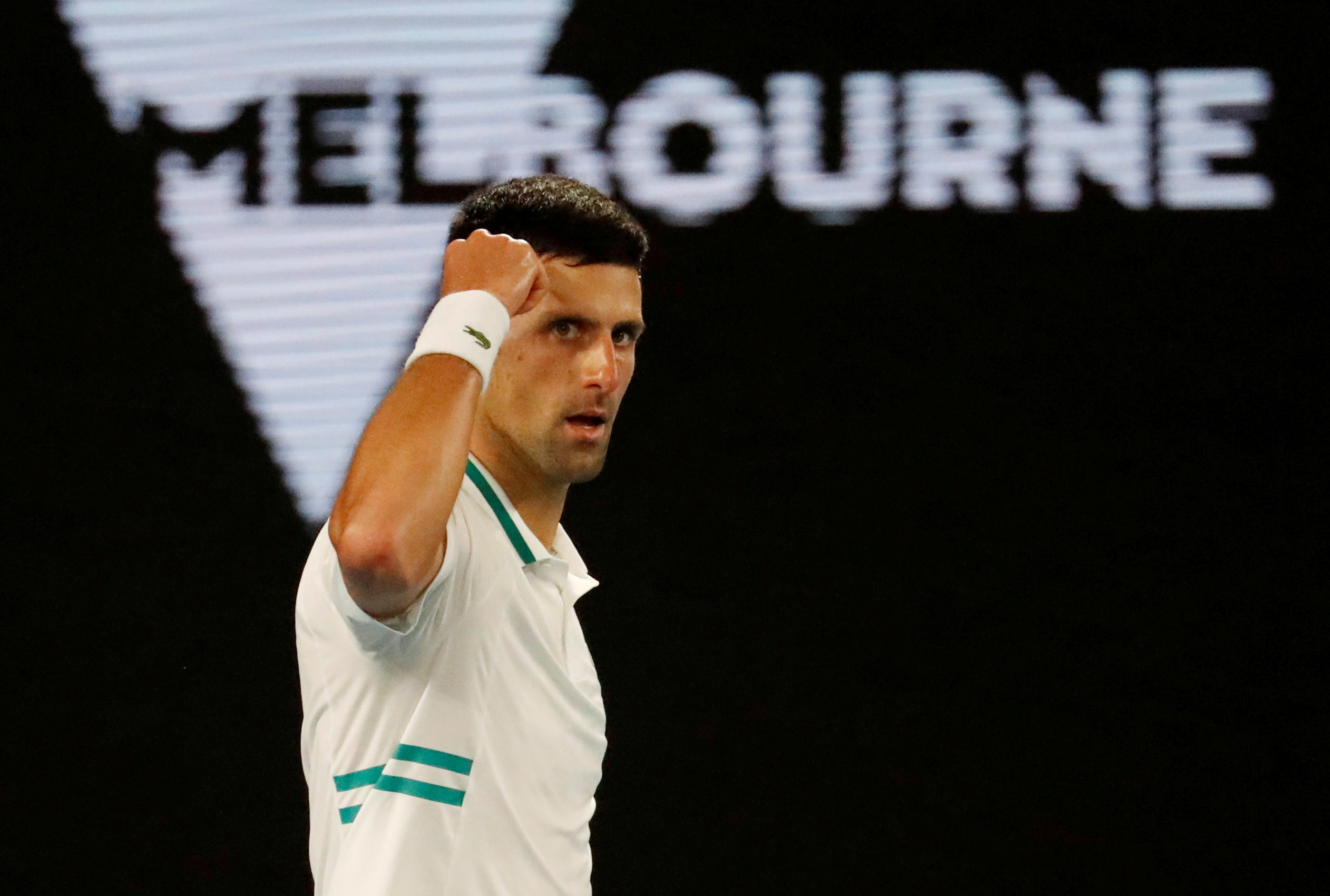 Serbia's Novak Djokovic reacts during his final match against Russia's Daniil Medvedev at the Australian Open