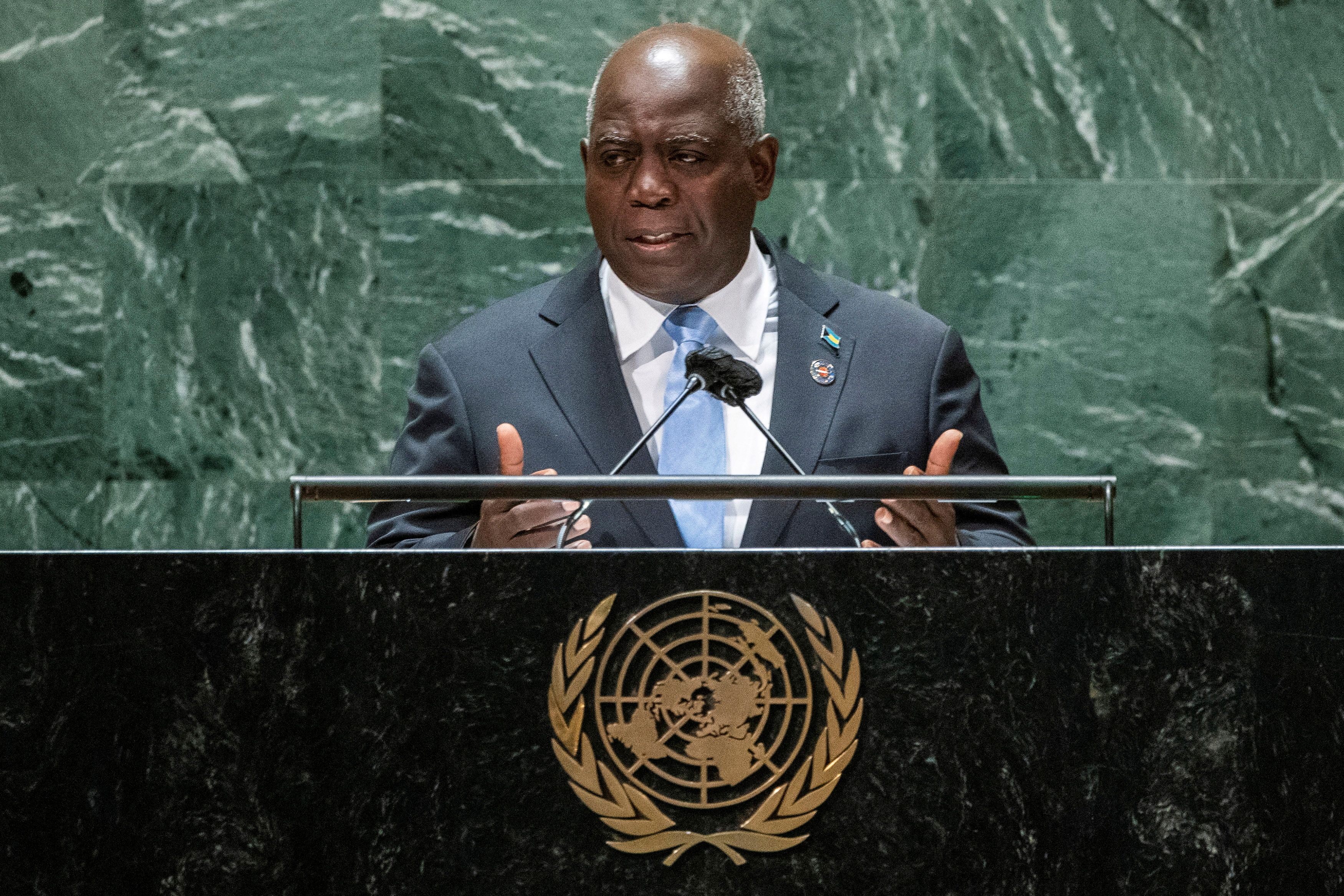 Bahamas’ Prime Minister Philip Edward Davis addresses the 76th Session of the U.N. General Assembly in New York City