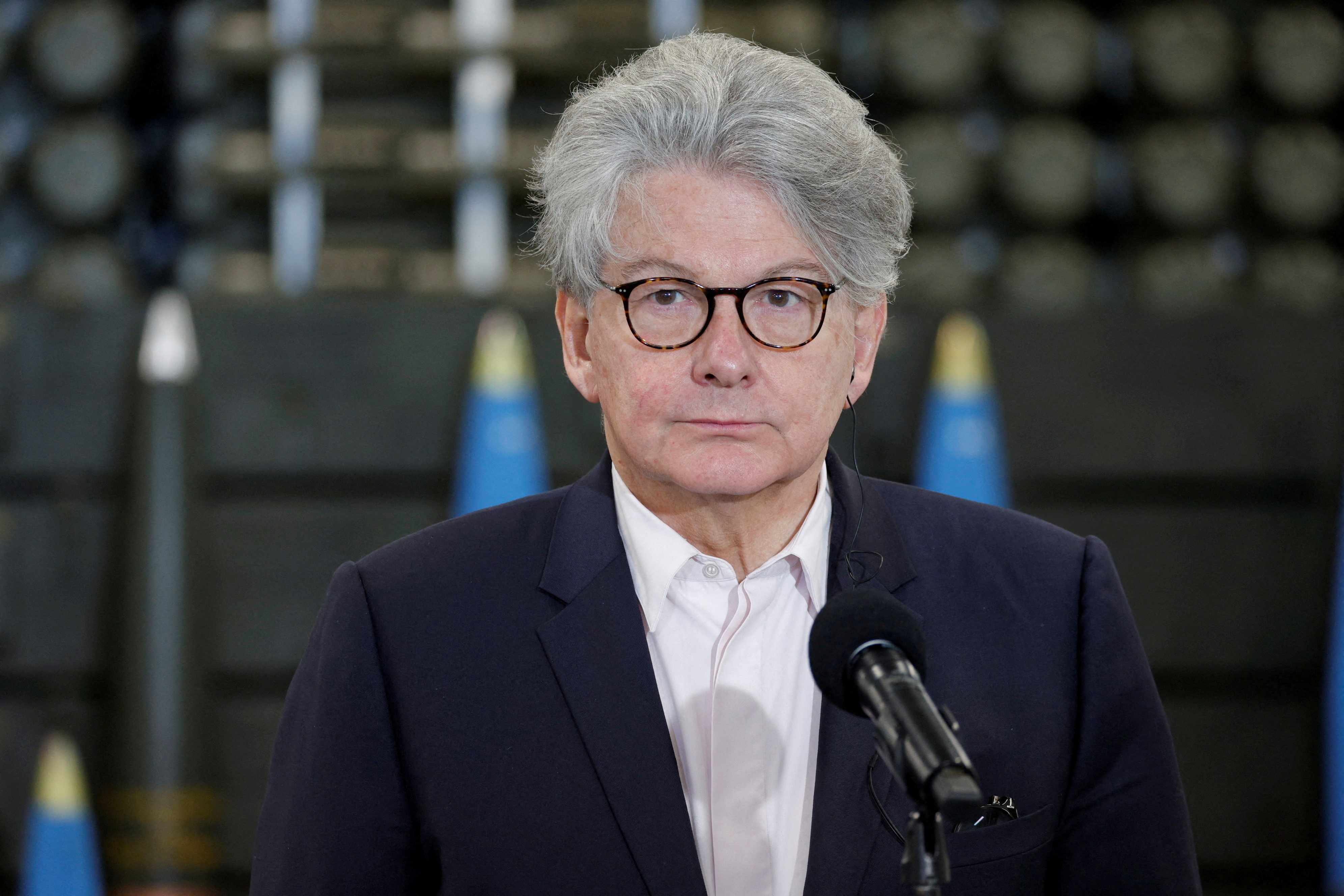 EU Commissioner for Internal Market Thierry Breton looks on during a news conference after a visit in an ammunition factory in Nowa Deba
