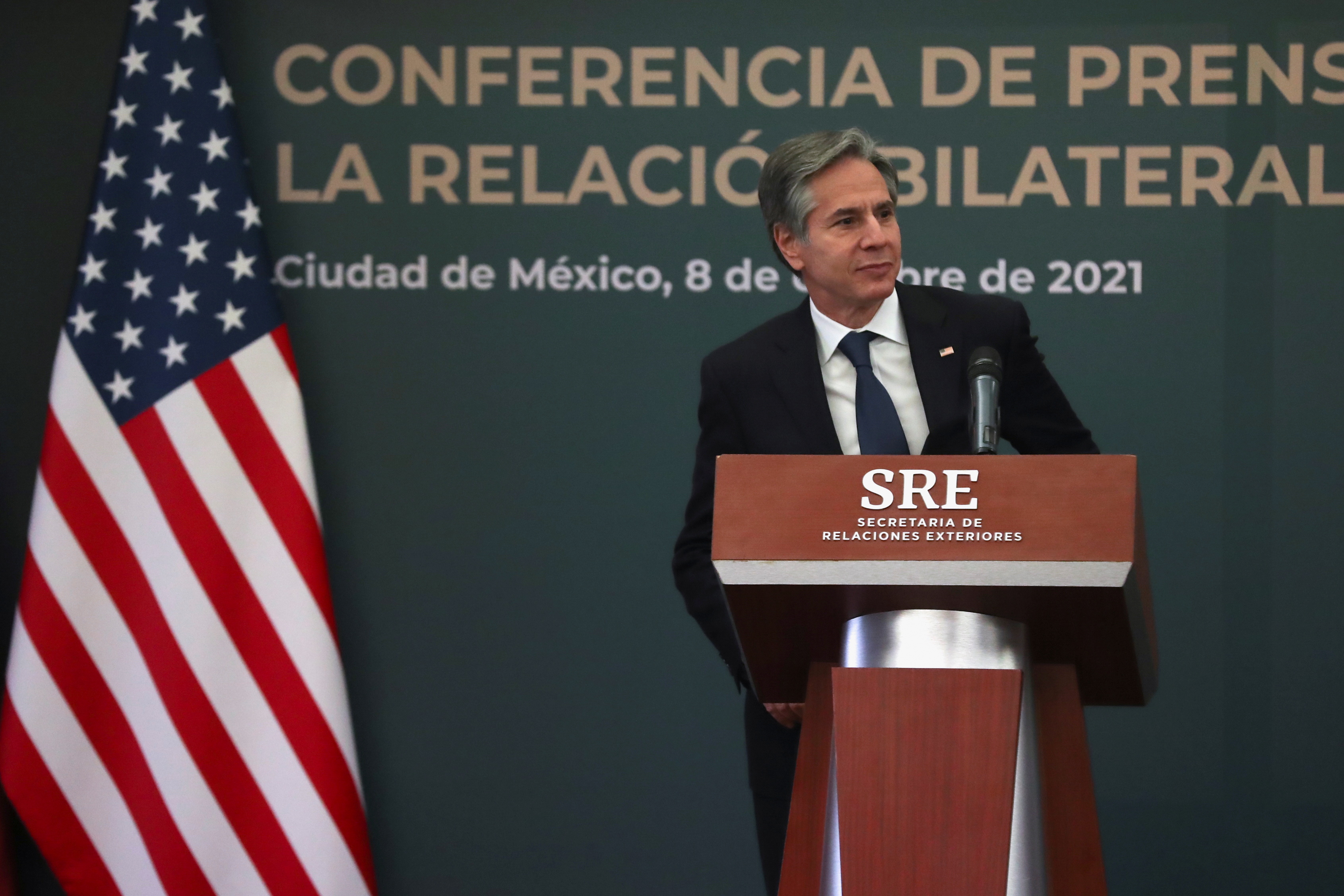 U.S. Secretary of State Antony Blinken addresses media following U.S.-Mexico High Level Security Dialogue in Mexico City, in Mexico October 8, 2021. REUTERS/Edgard Garrido