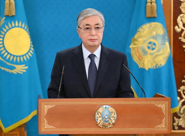 Kazakh President Kassym-Jomart Tokayev speaks during a televised address to the nation following the protests triggered by fuel price increase in Nur-Sultan, Kazakhstan January 7, 2022. Official website of the President of Kazakhstan/Handout via REUTERS