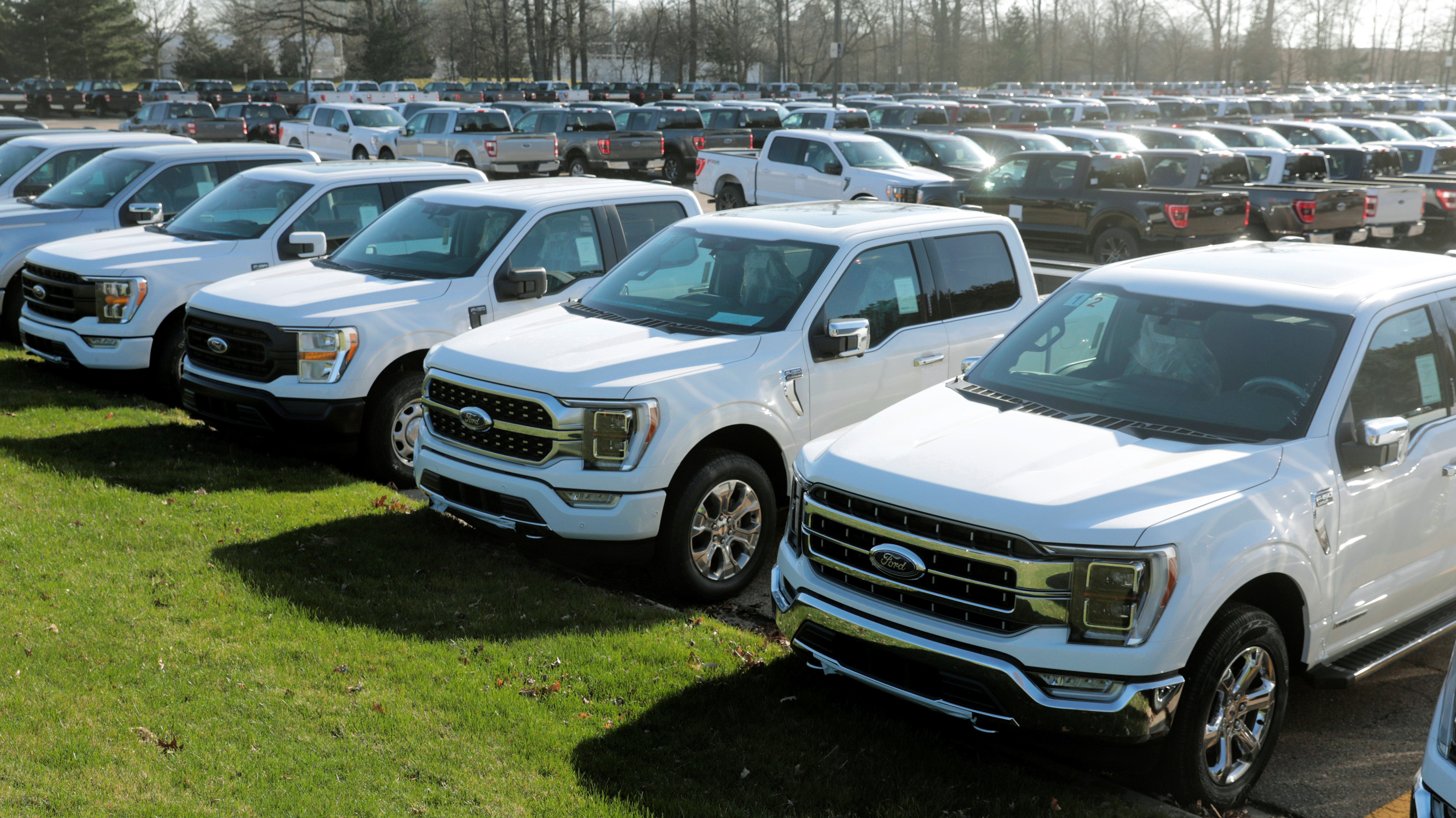 Newly manufactured Ford Motor Co. 2021 F-150 pick-up trucks are seen waiting for missing parts in Dearborn