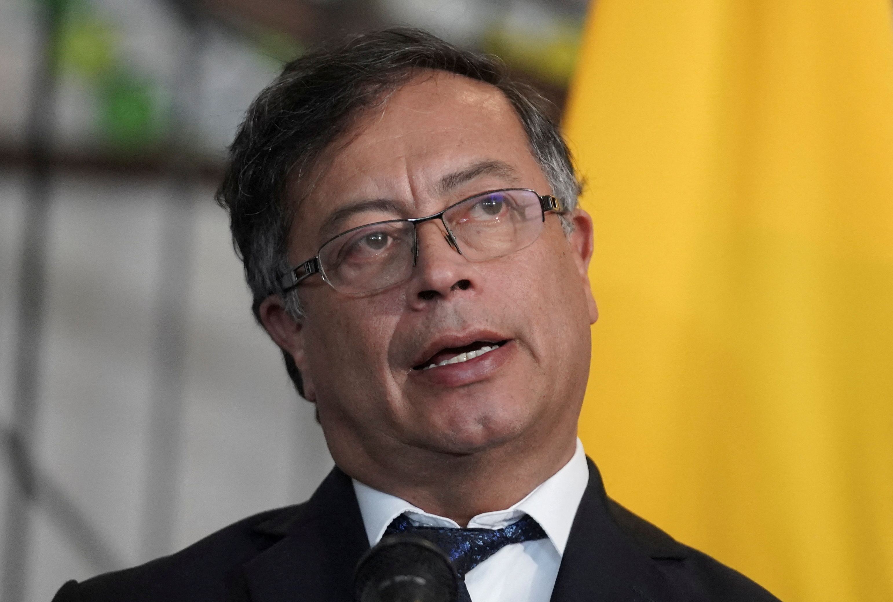 Colombia's President Gustavo Petro addresses the media after a meeting, in Bogota,