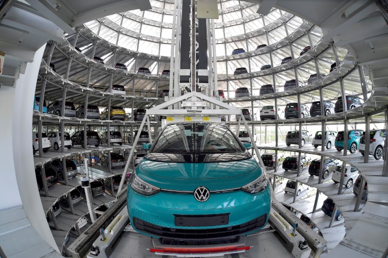 View to the depot tower of German carmaker Volkswagen's electric ID. 3 car in Dresden, Germany, June 8, 2021. Picture taken with a fish eye lens. REUTERS/Matthias Rietschel/File Photo