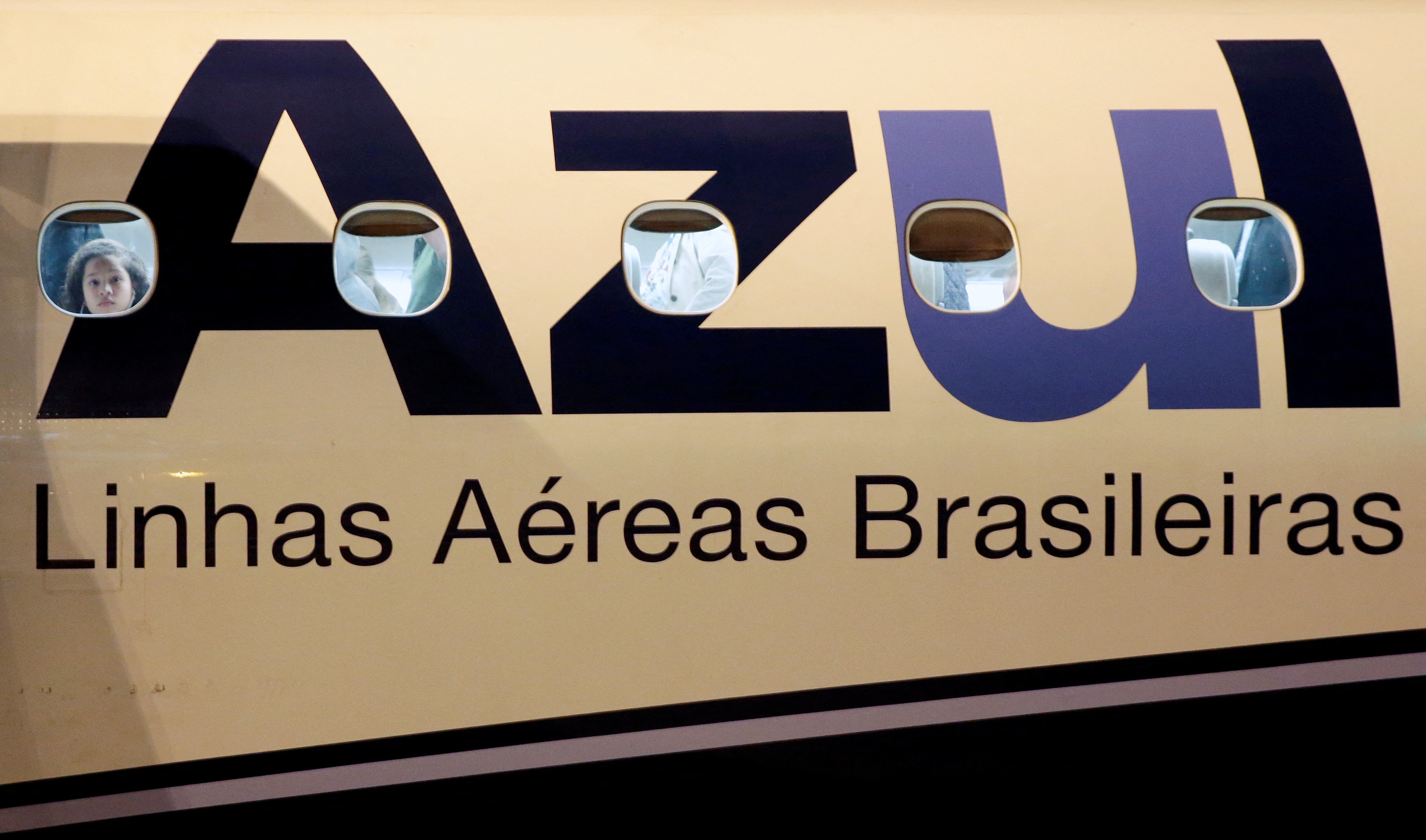 A logo of Azul Brazilian Airlines is seen on a plane at International Airport in Guarulhos