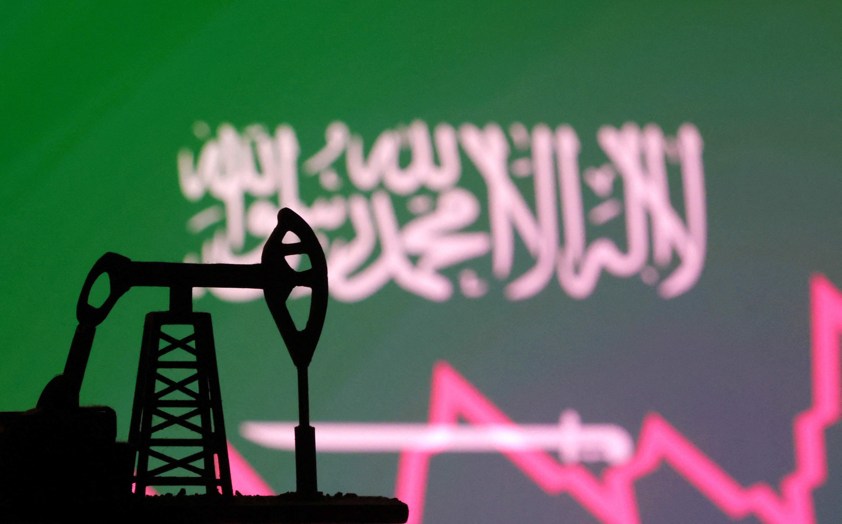 Illustration shows Saudi Arabian flag, oil pump jack and stock graph